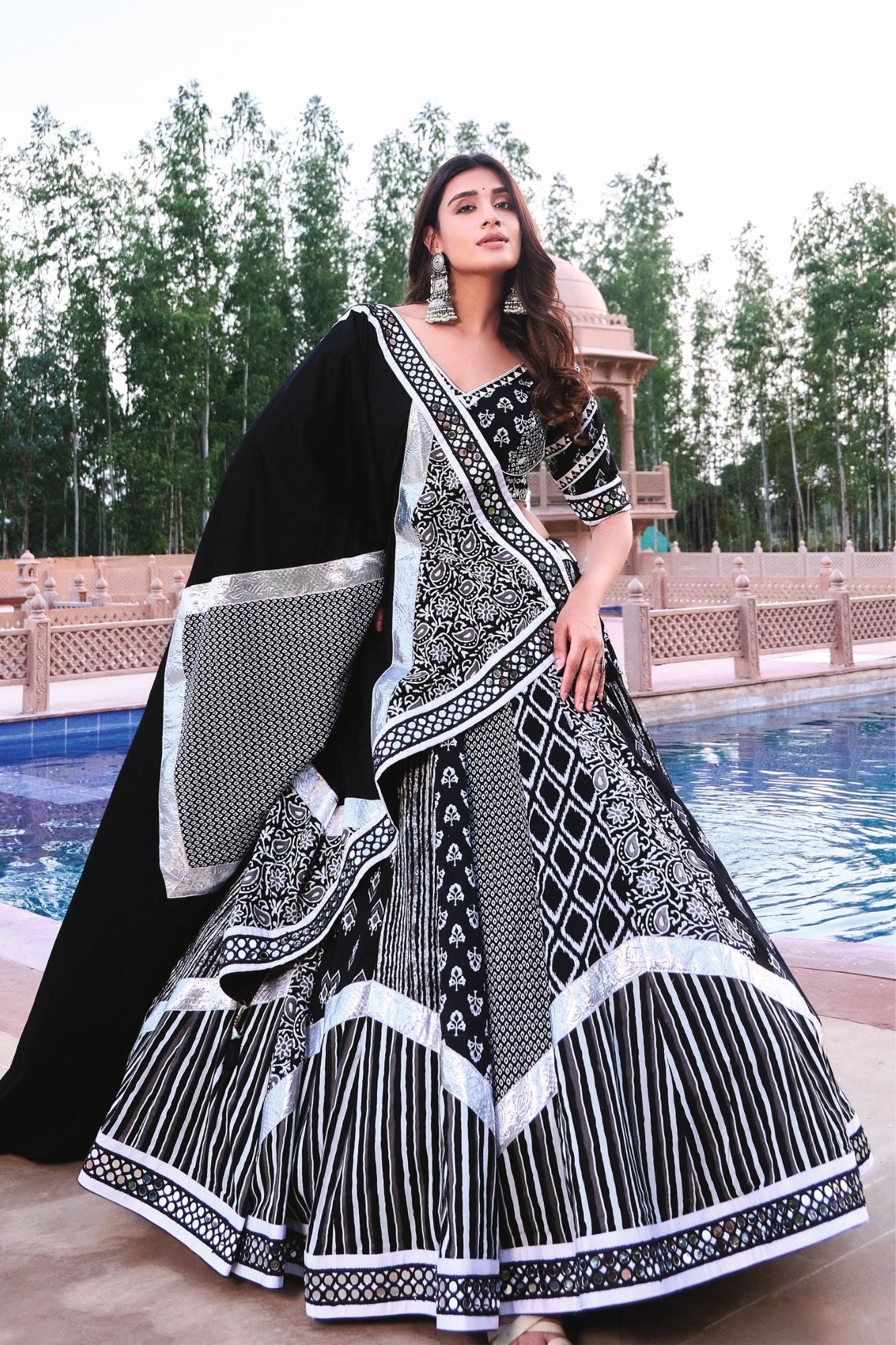 Black & Silver Foil Print Gujarati Chaniya Choli with Traditional Patterned Panels