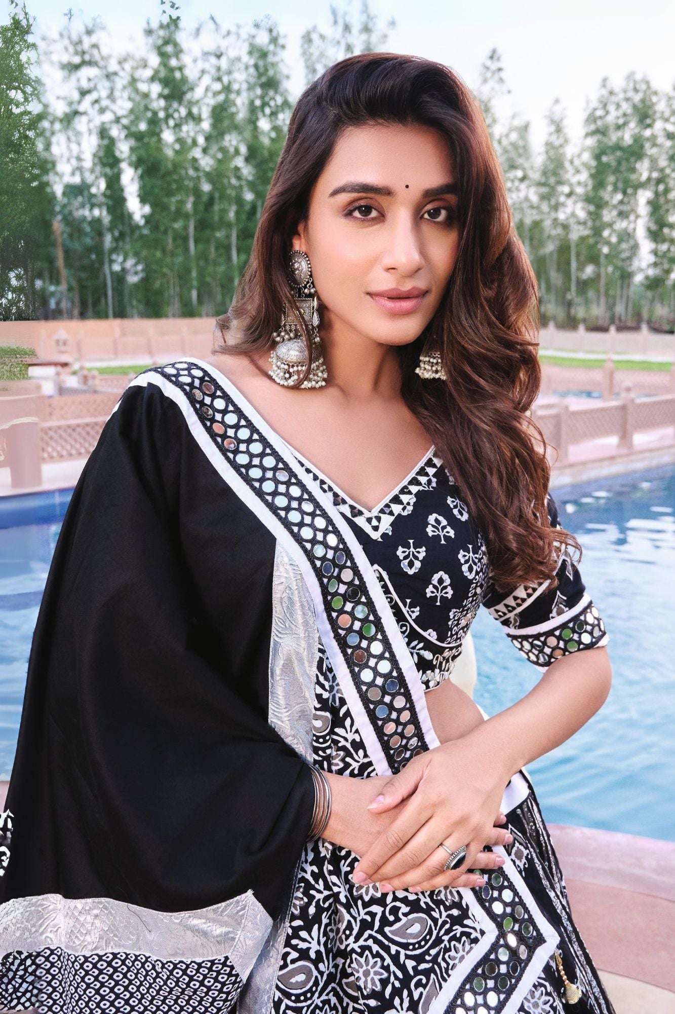Black & Silver Foil Print Gujarati Chaniya Choli with Traditional Patterned Panels