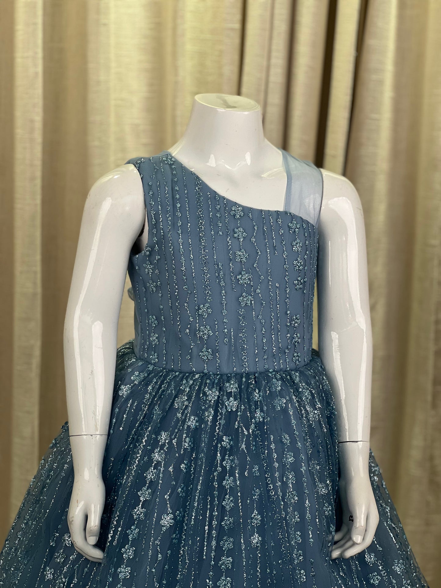 Blue Gown With Bow Embellished And Shimmer Printed