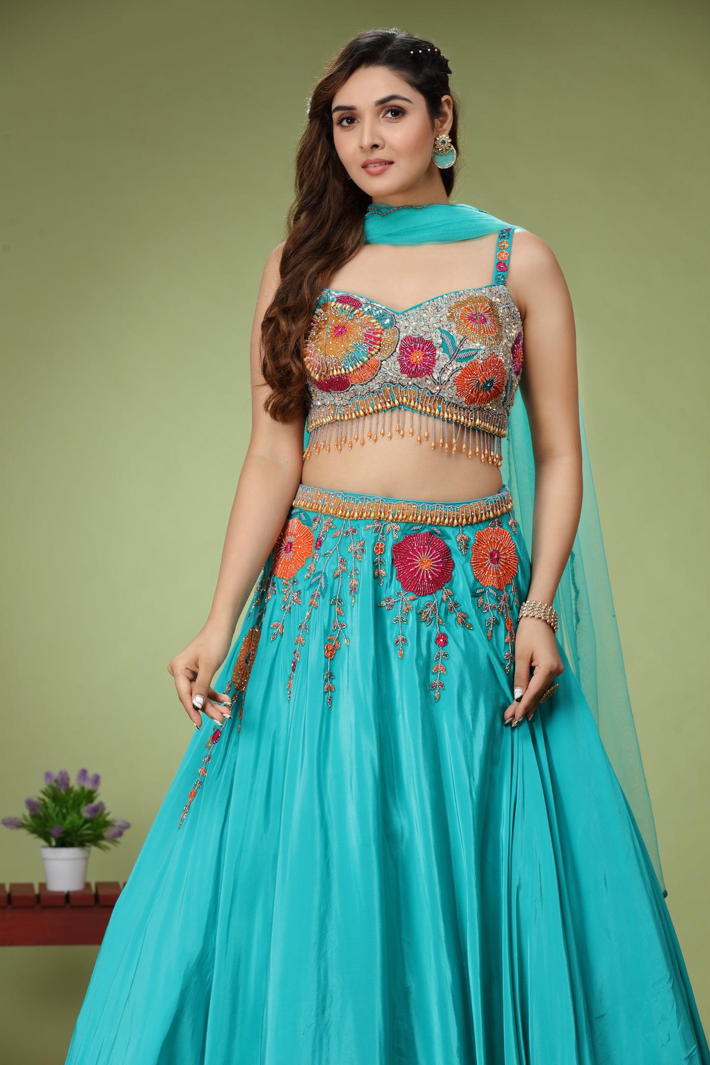 Blue Organza Bridesmaids Lehenga with Embroidery Neck Blouse