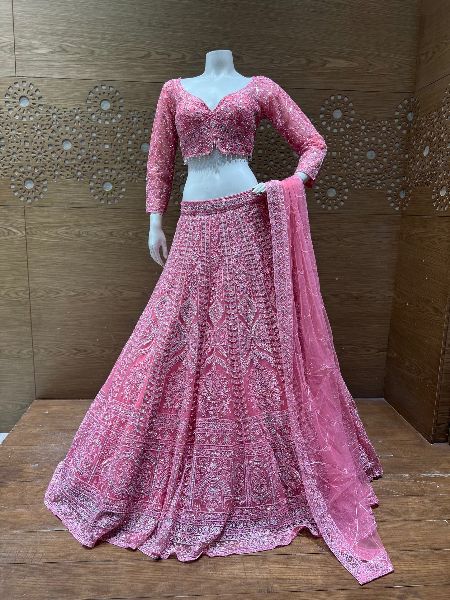 Blush Pink Embroidered Bridal Lehenga with Mirror Work