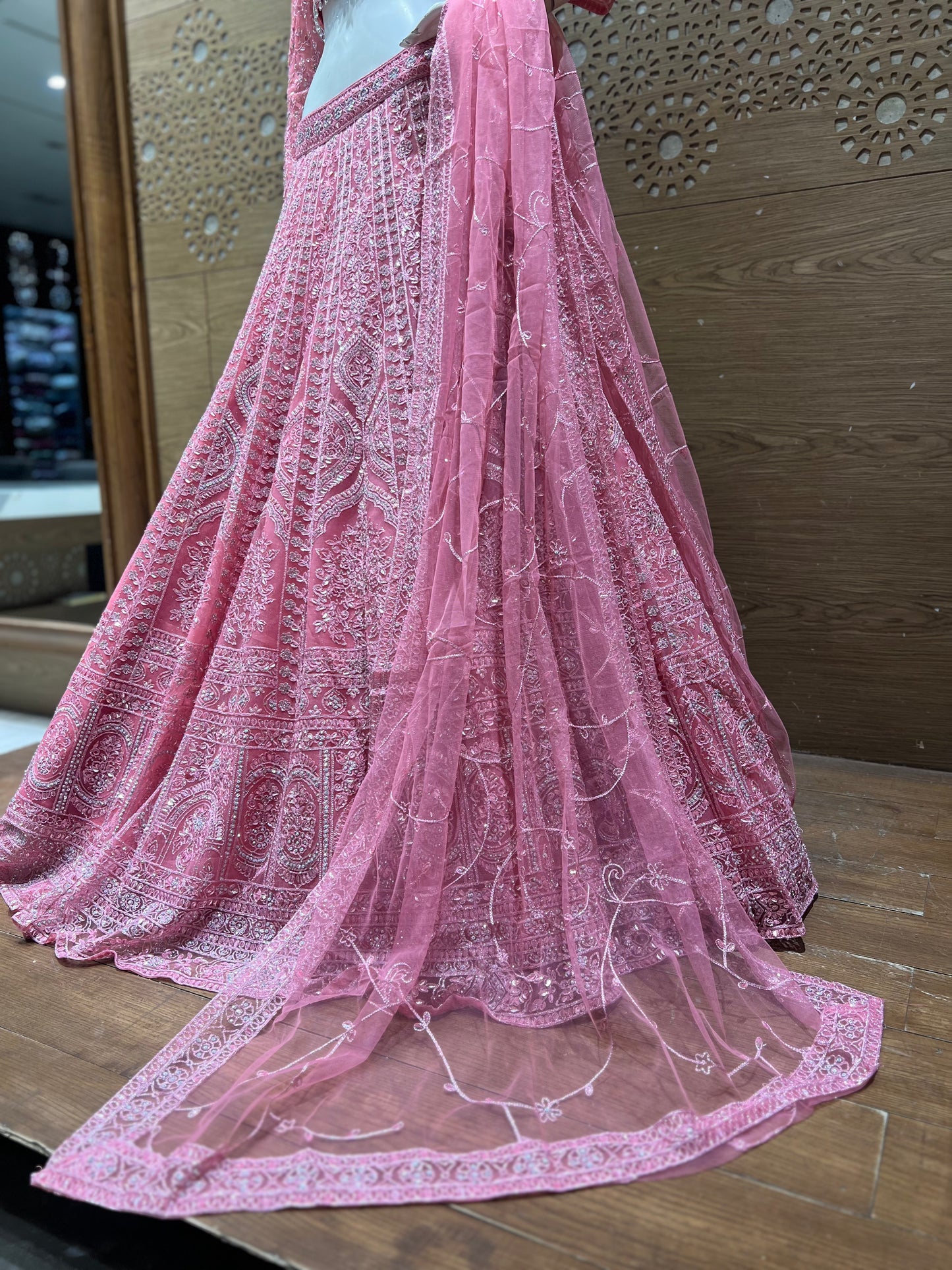 Blush Pink Embroidered Bridal Lehenga with Mirror Work