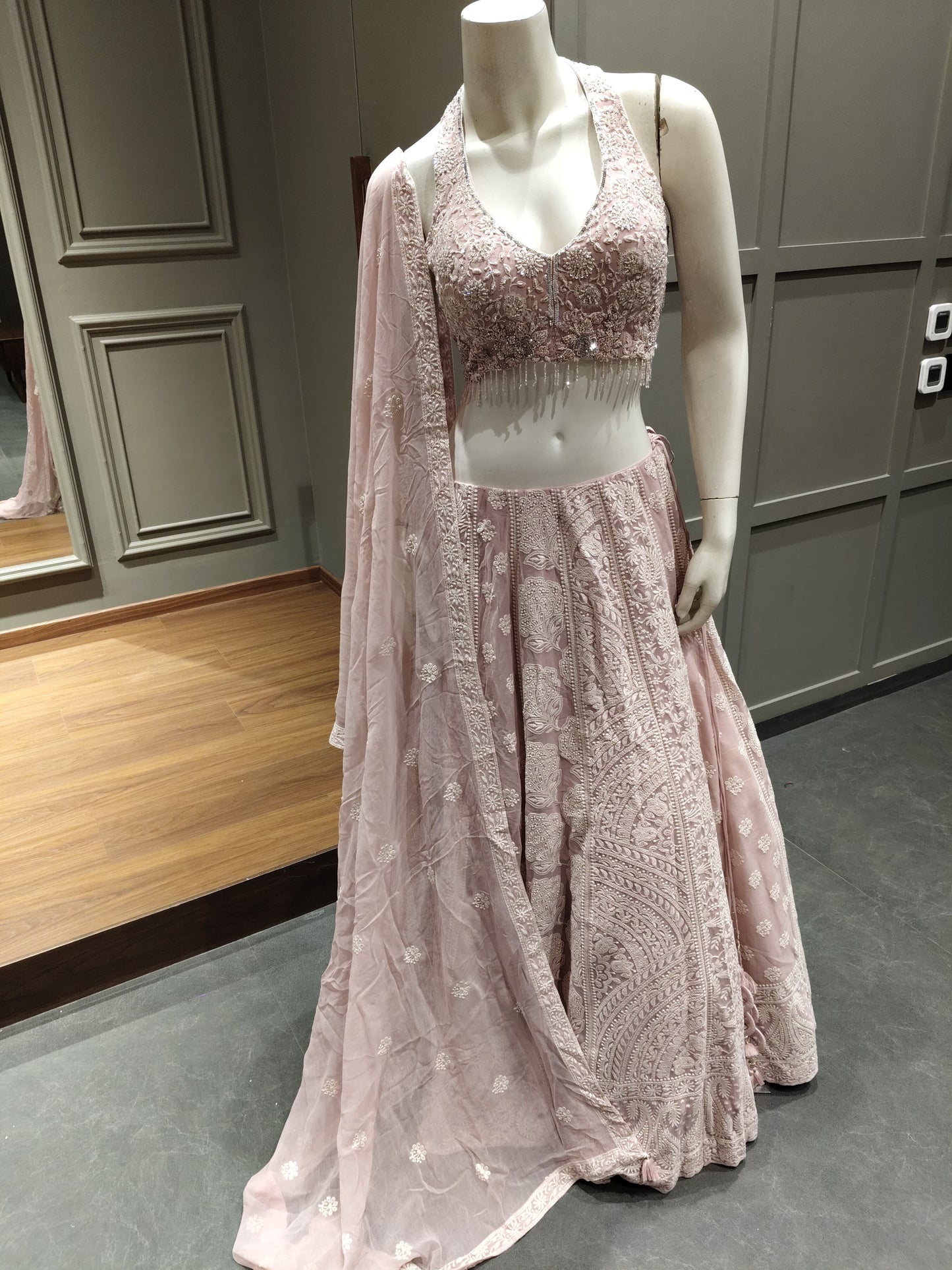 Blush Pink Embroidered Halter Neck Lehenga Set with Dupatta