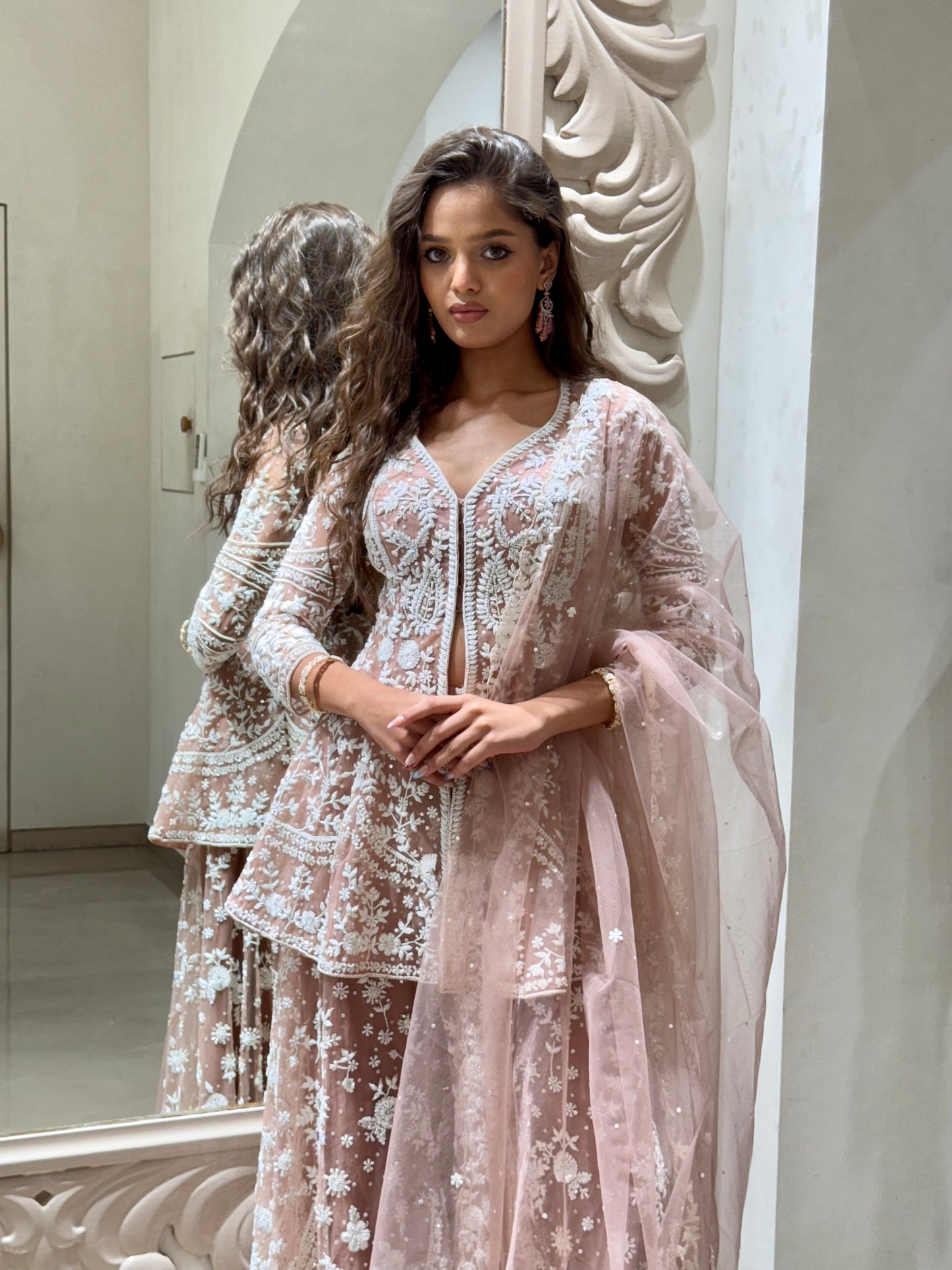 Blush Pink Net Sharara Set with White Thread & Sequin Work