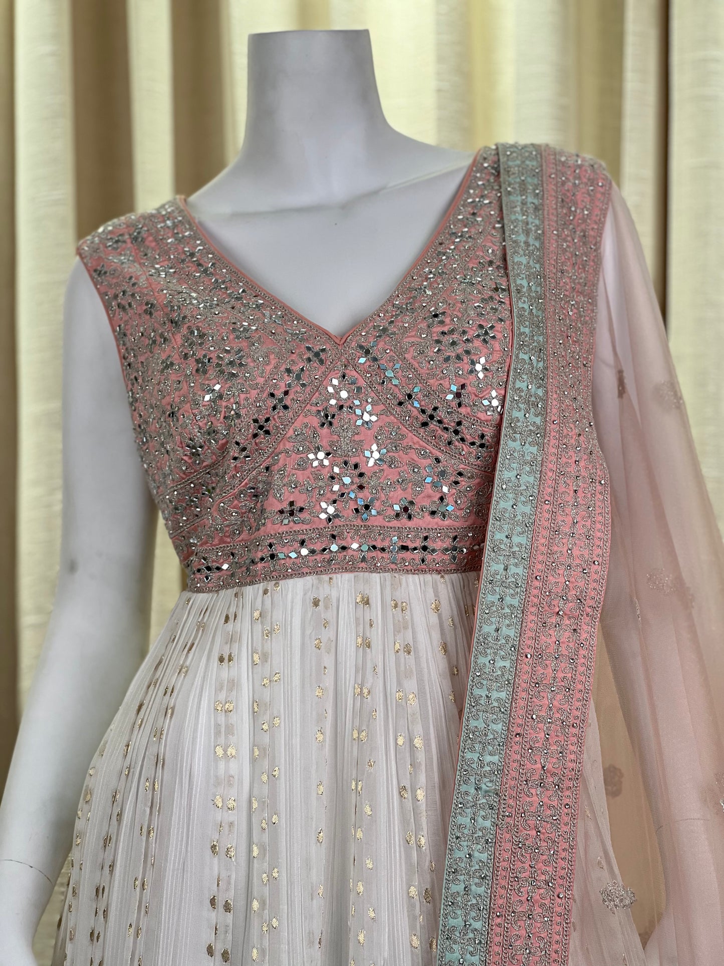 Blush Pink and White Mirror Work Anarkali Gown with Embroidered Dupatta