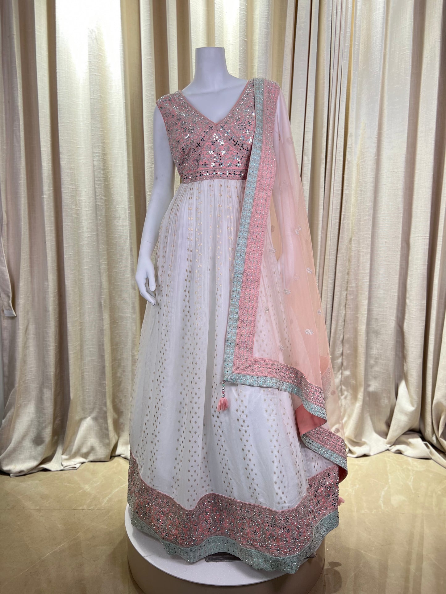 Blush Pink and White Mirror Work Anarkali Gown with Embroidered Dupatta