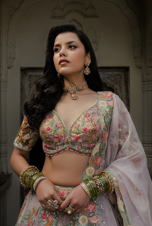 Blush Pink Embroidered Organza Lehenga Set