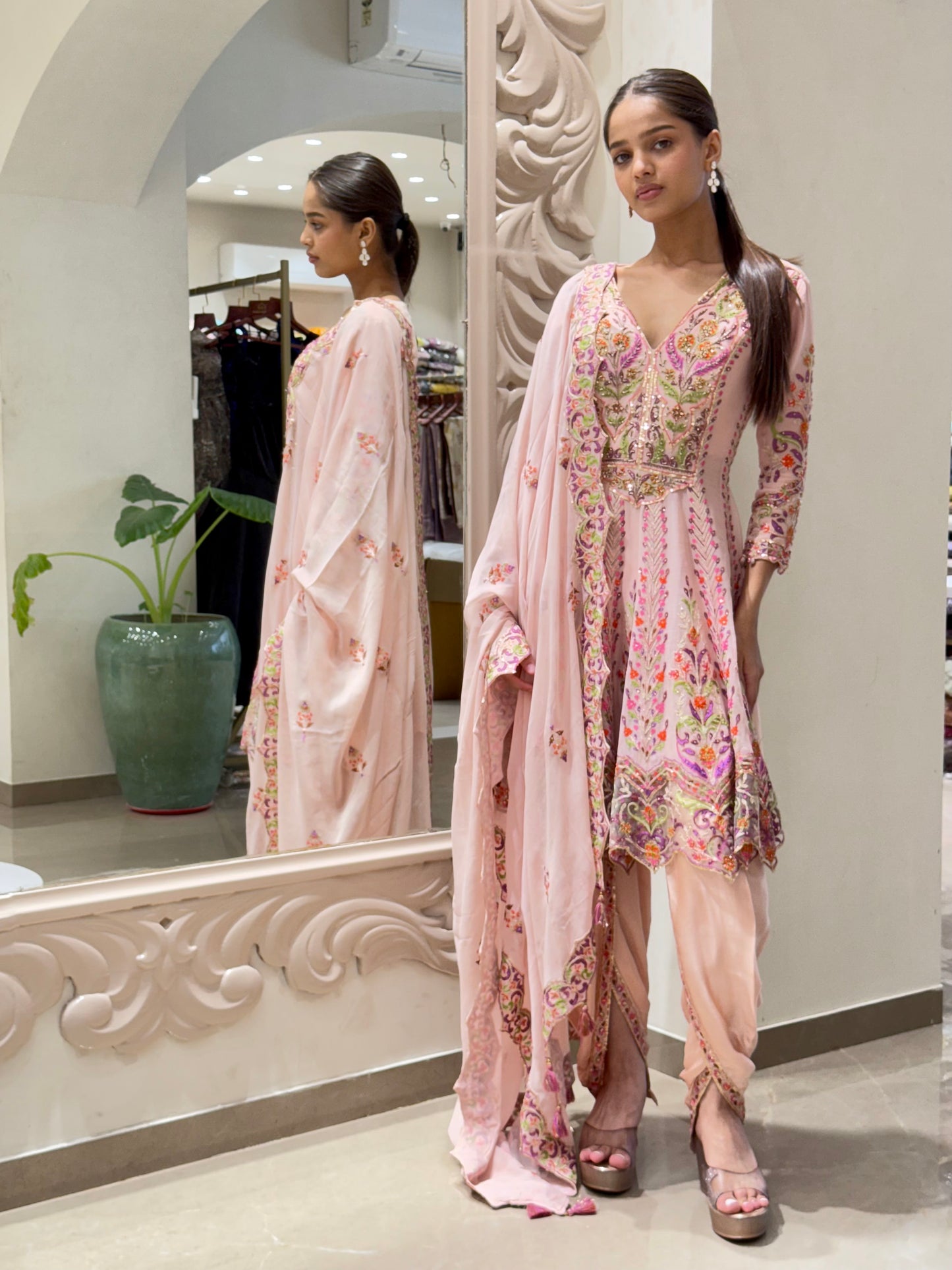 Blush Pink Floral Embroidered Anarkali Suit with Dupatta