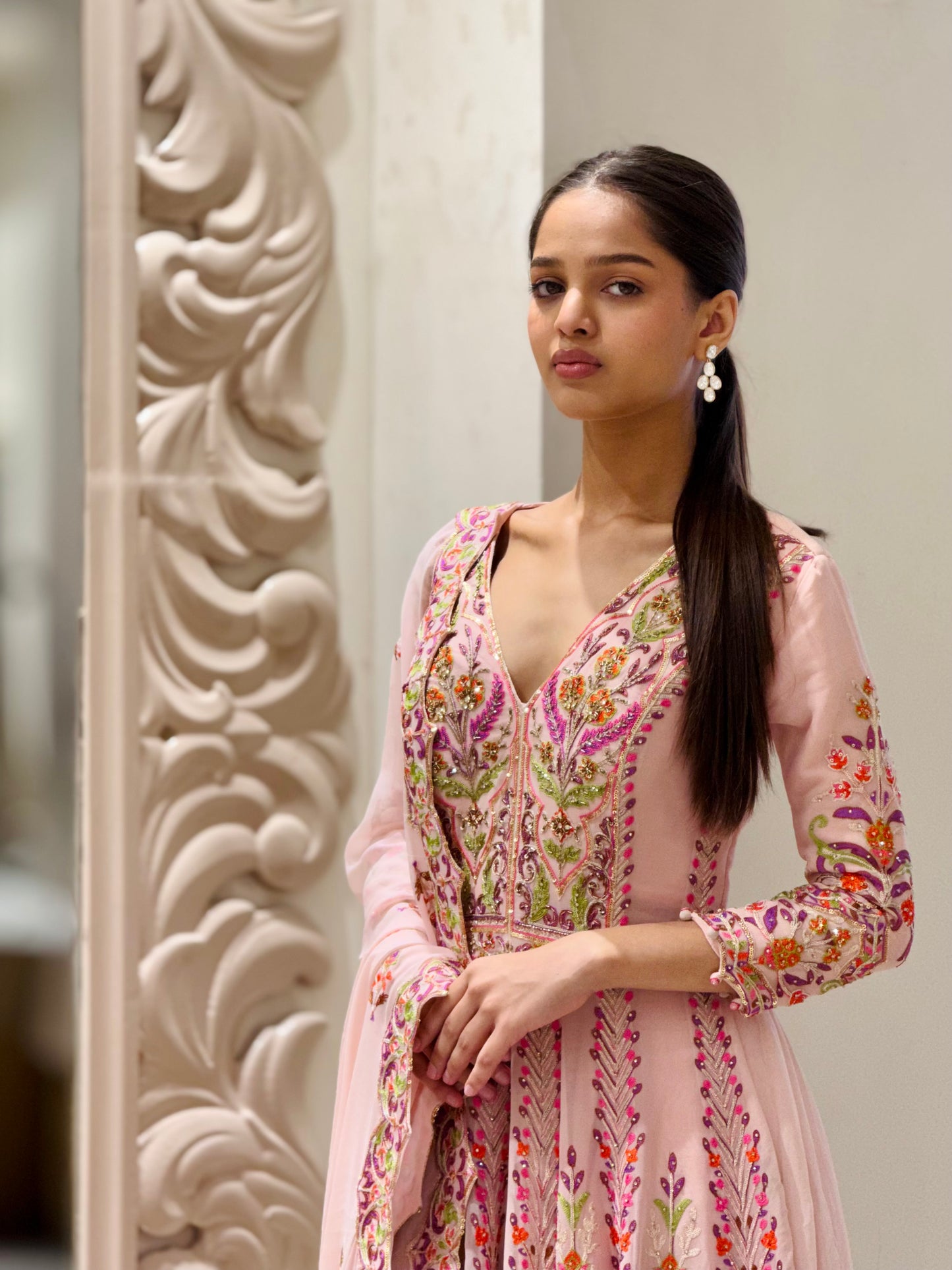 Blush Pink Floral Embroidered Anarkali Suit with Dupatta