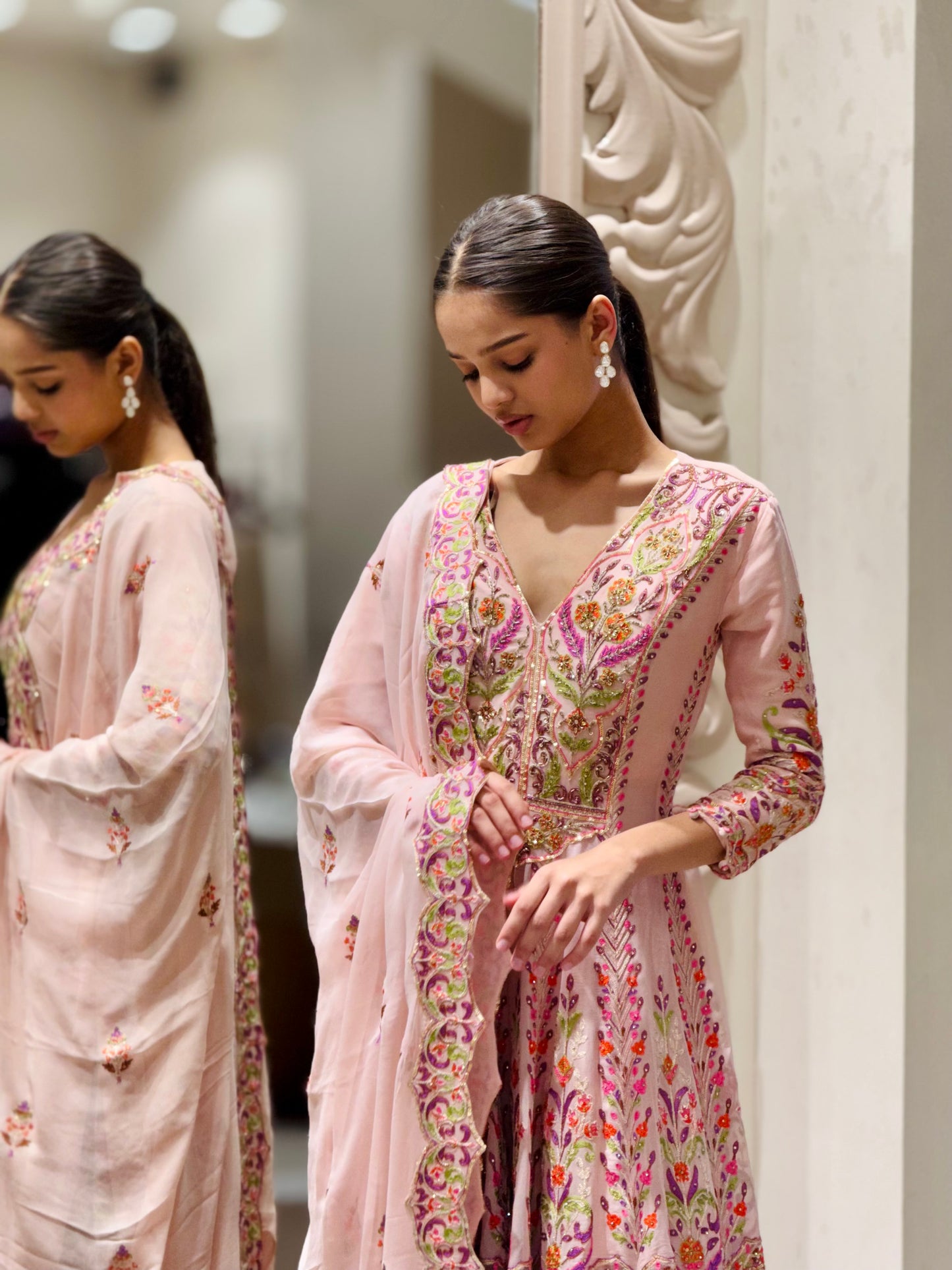 Blush Pink Floral Embroidered Anarkali Suit with Dupatta