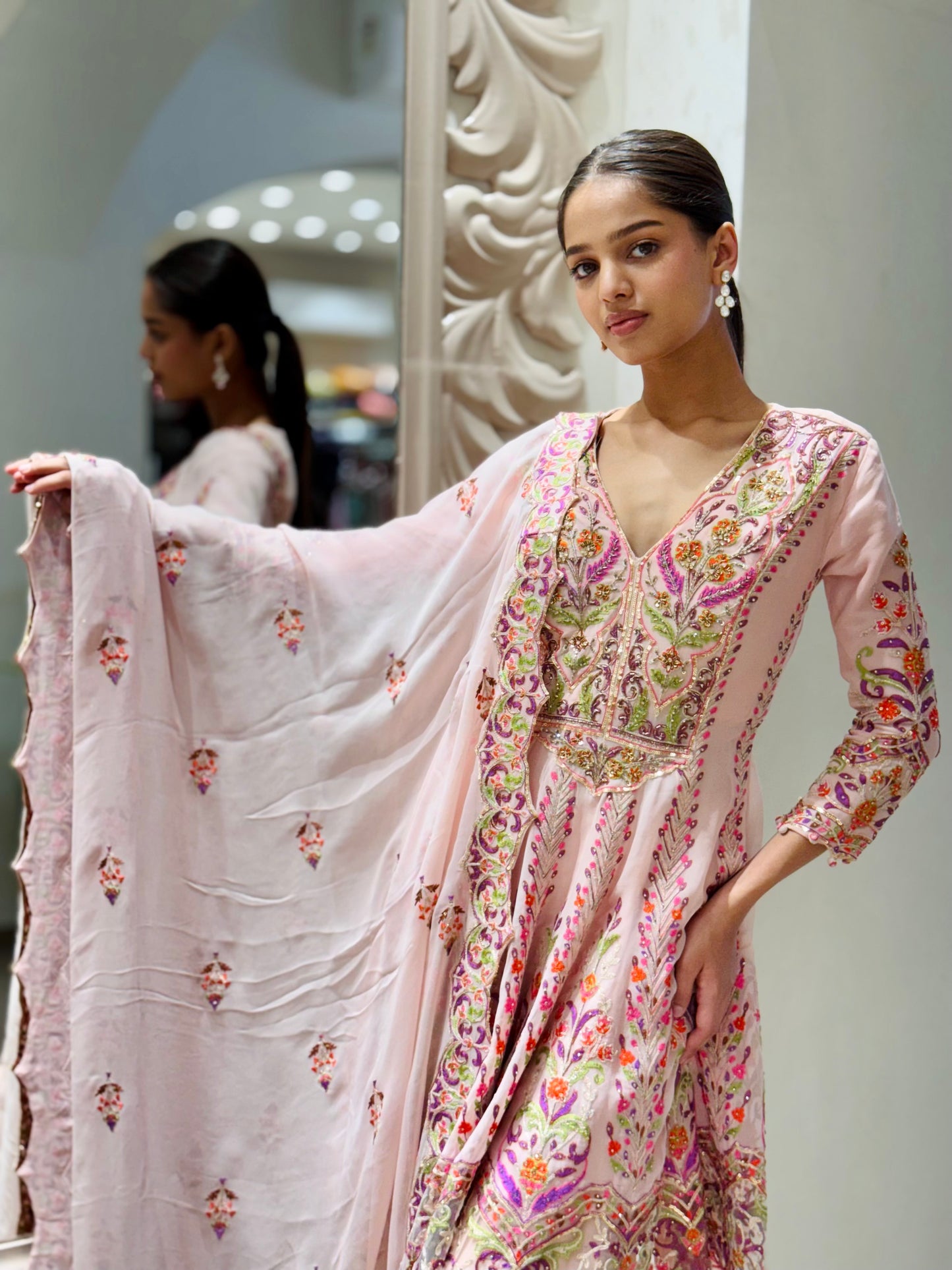 Blush Pink Floral Embroidered Anarkali Suit with Dupatta
