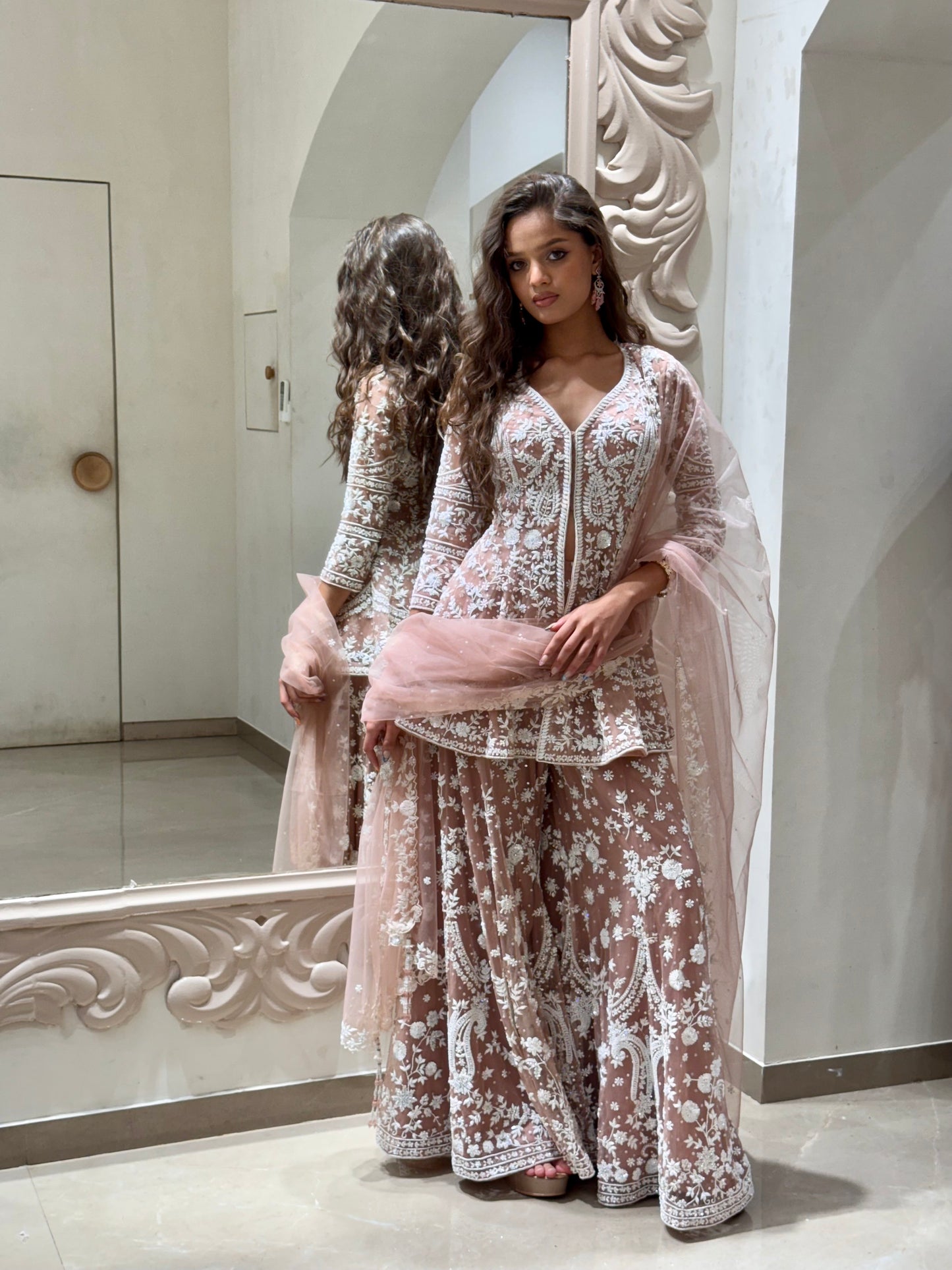 Blush Pink Net Sharara Set with White Thread & Sequin Work