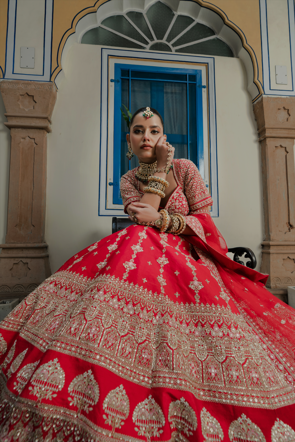 Bright Red Silk Bridal Lehenga with Sequins & Dori Embroidery