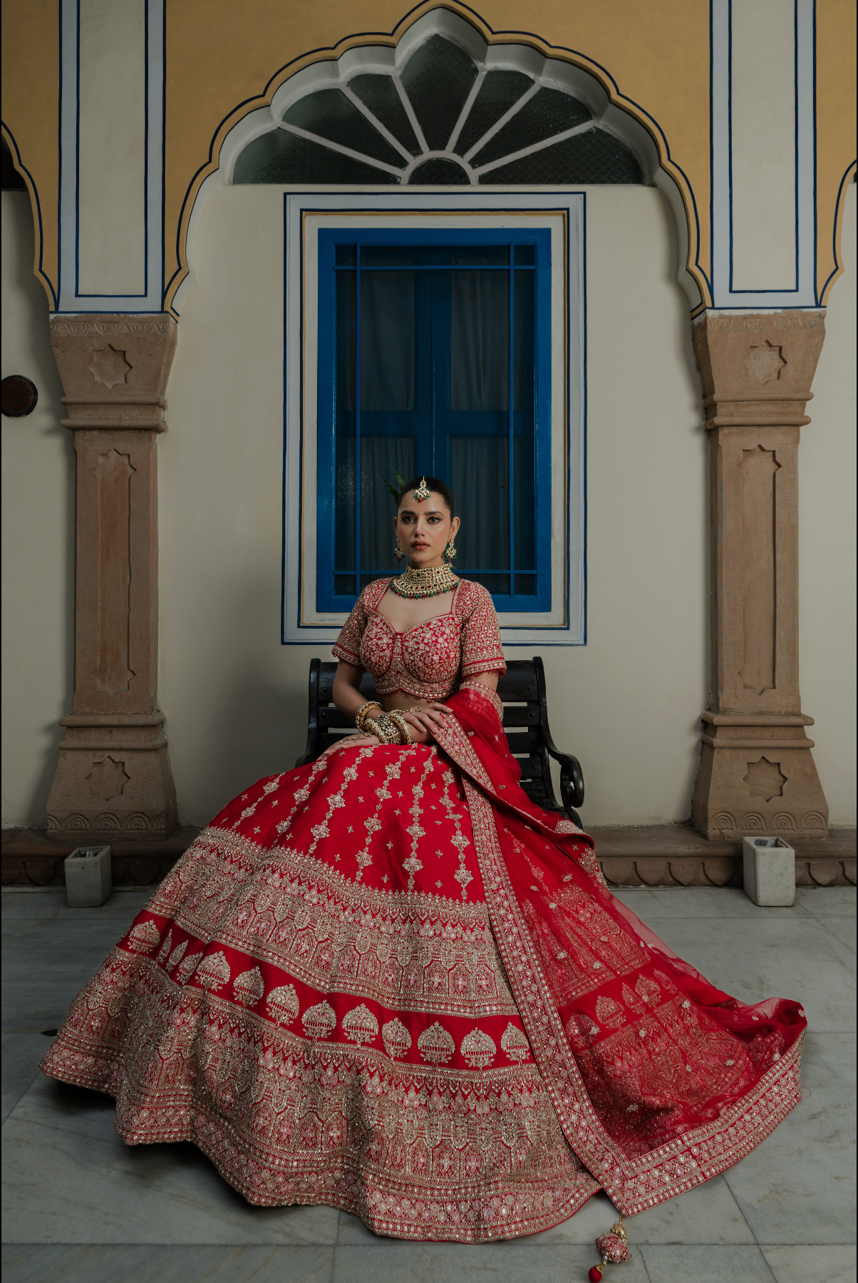 Bright Red Silk Bridal Lehenga with Sequins & Dori Embroidery