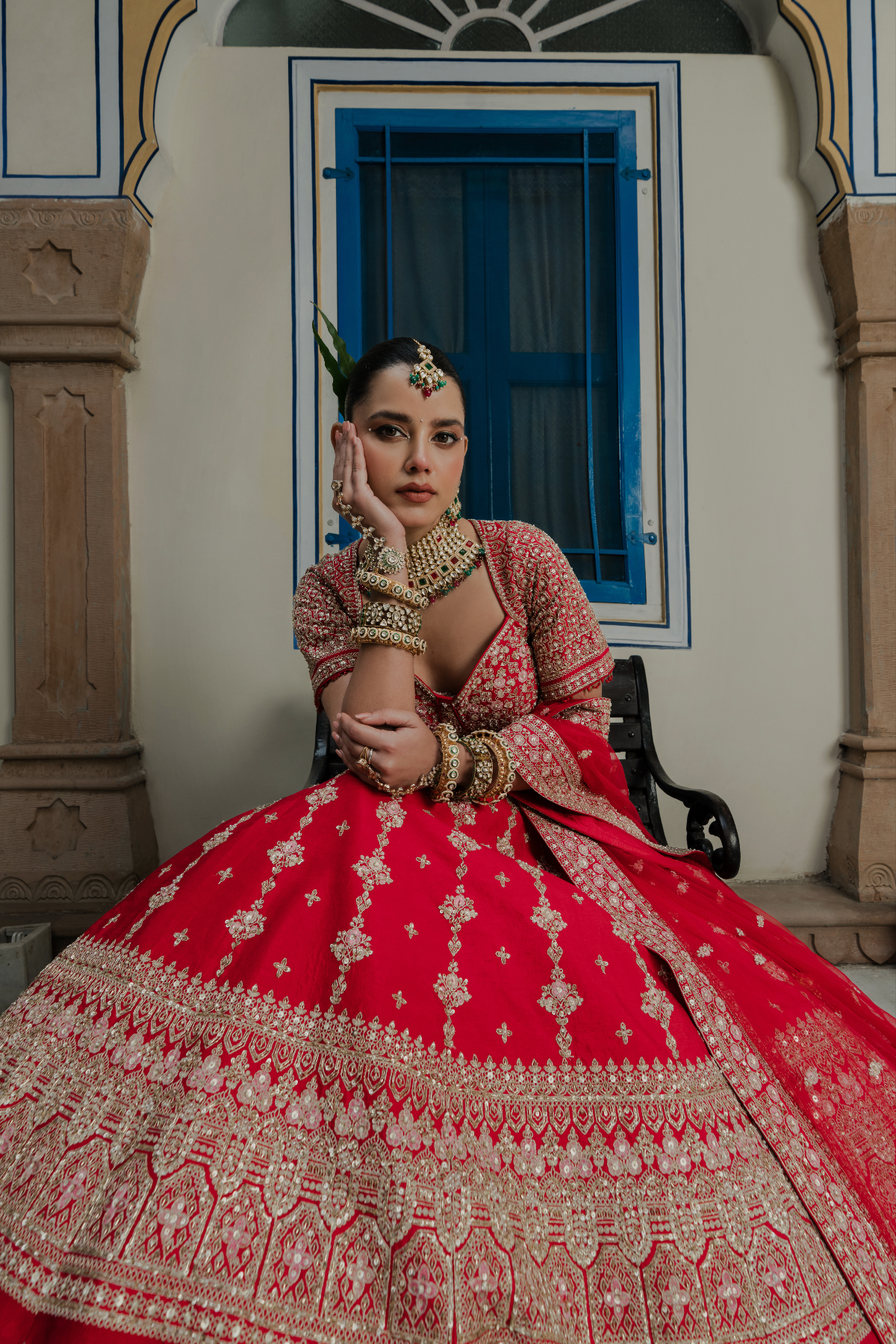 Bright Red Silk Bridal Lehenga with Sequins & Dori Embroidery