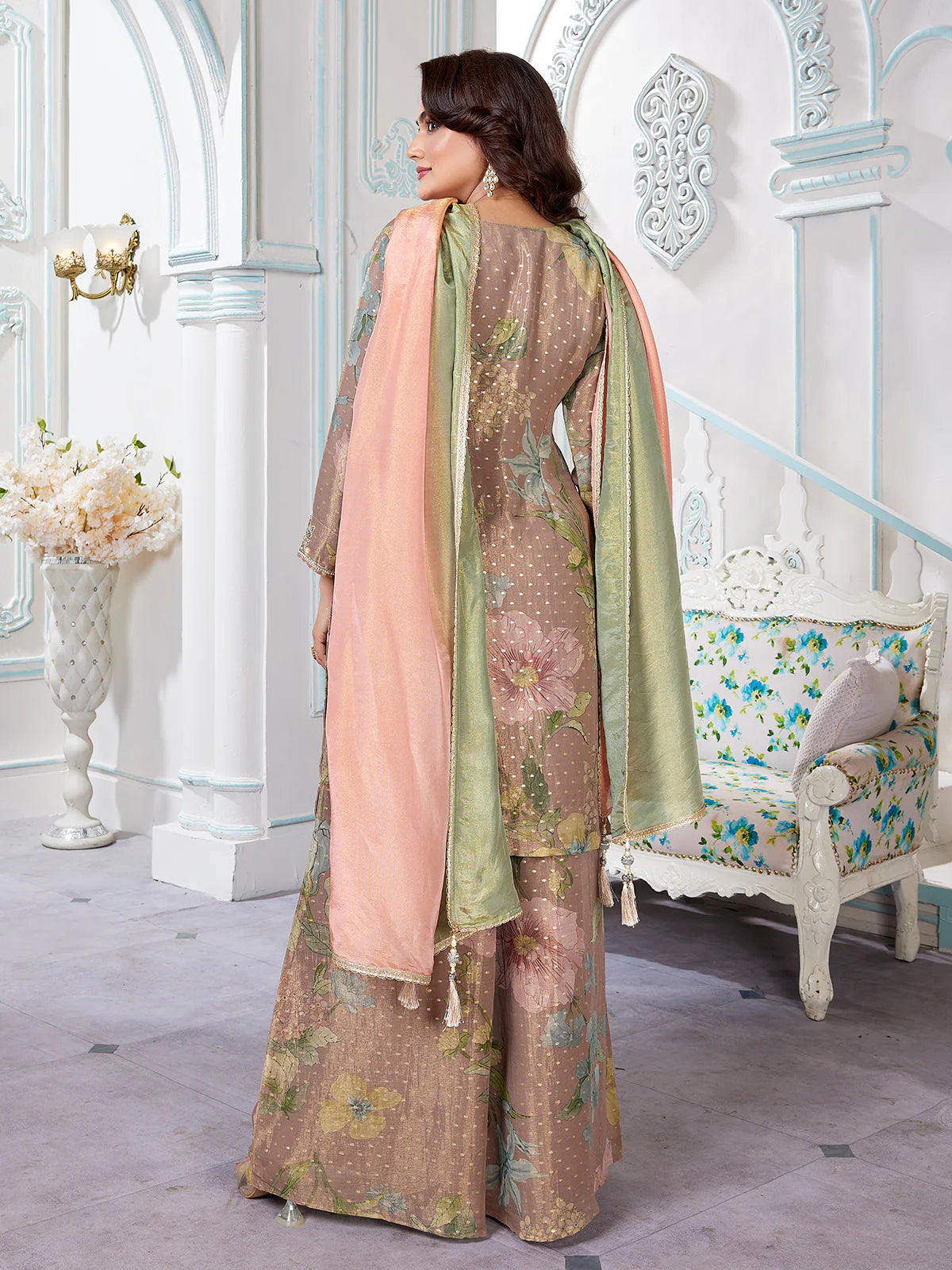 Brown Floral Jacquard Palazzo Set