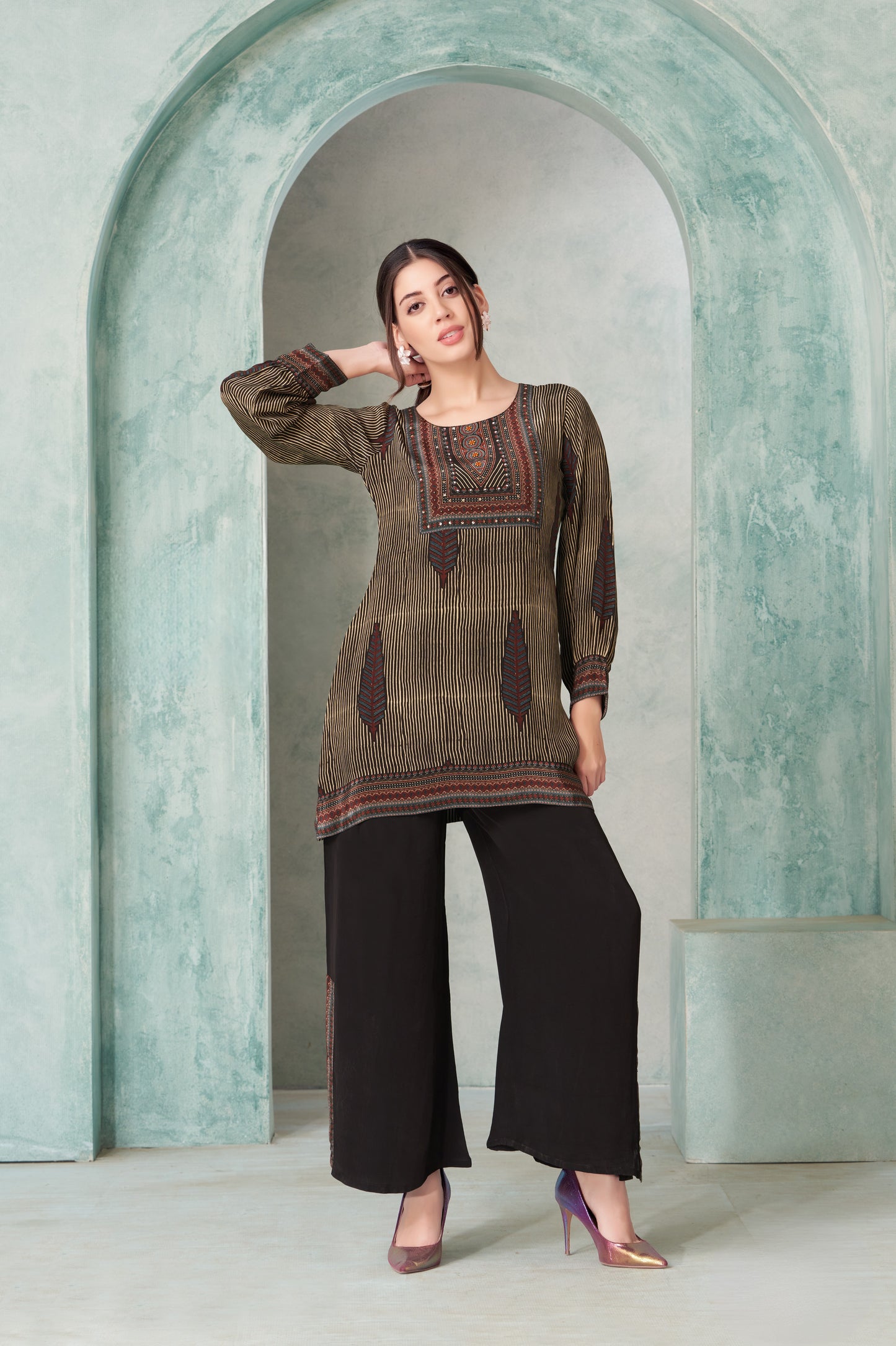 Brown Printed Kurti with Black Palazzo Set