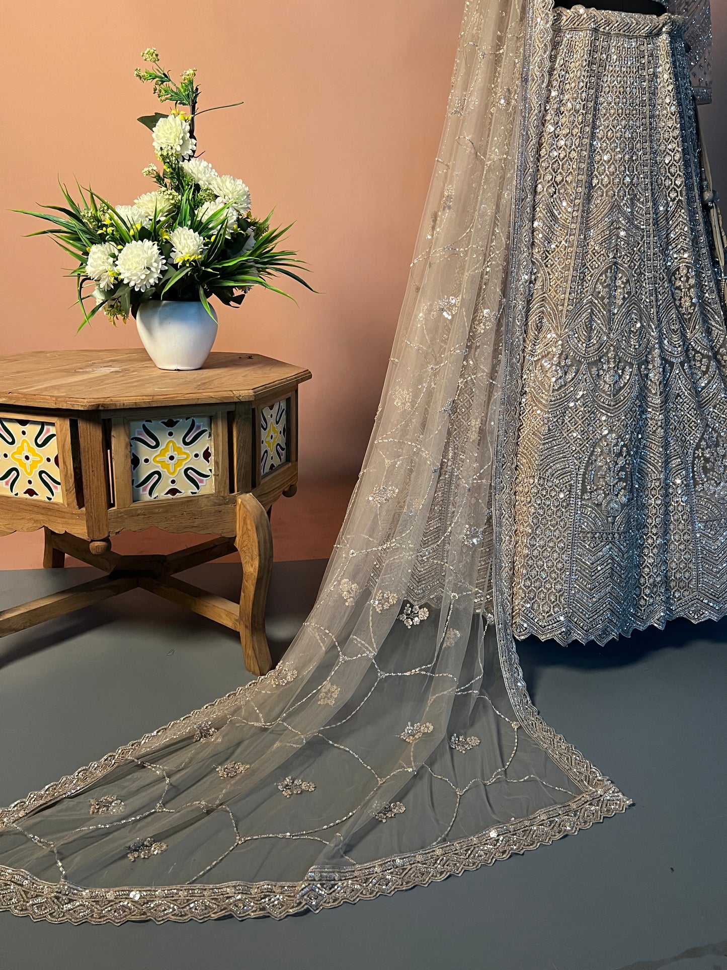 Champagne Beige Diamond-Cut Mirror Work Lehenga with Thread Embroidery