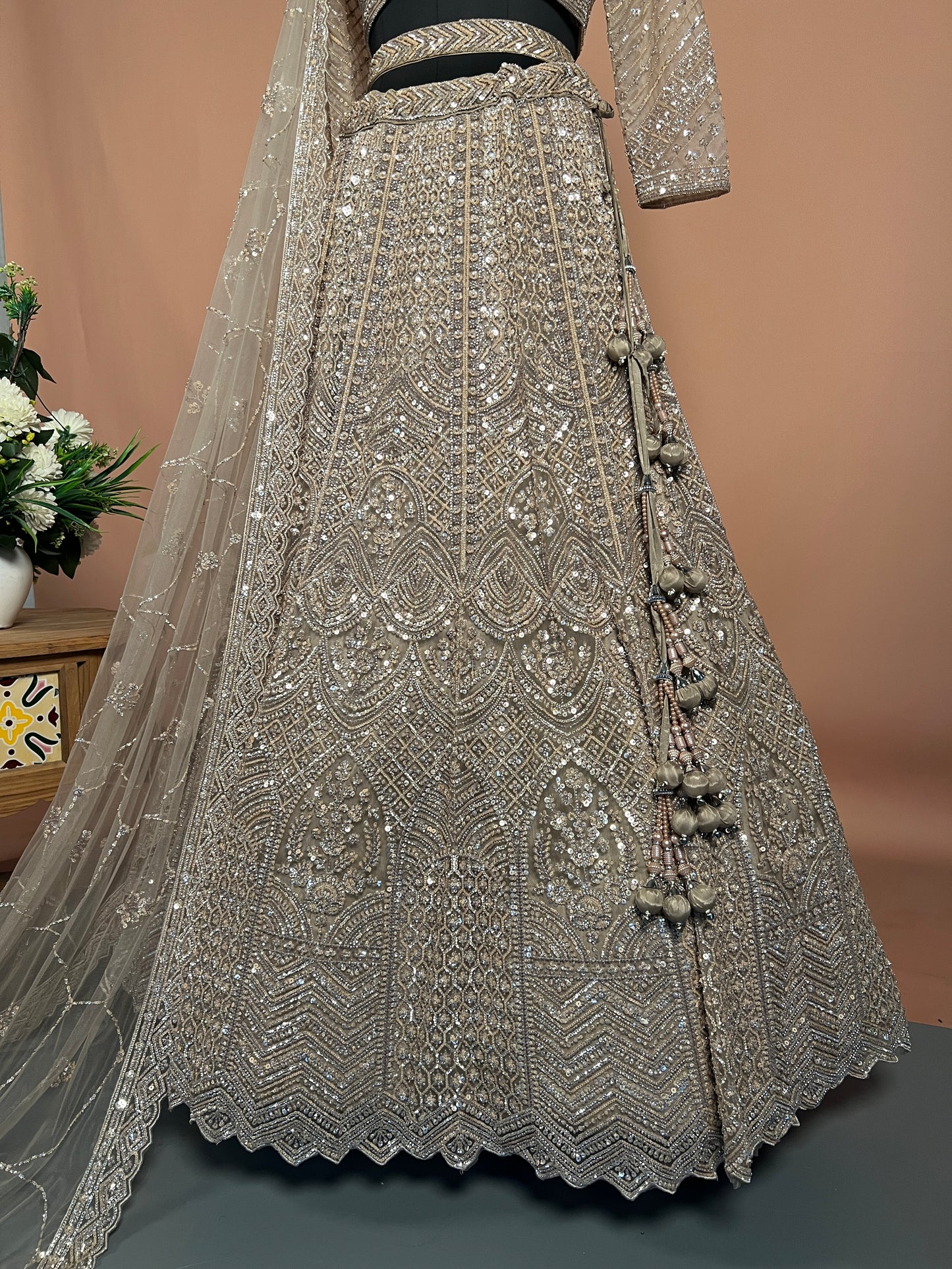 Champagne Beige Diamond-Cut Mirror Work Lehenga with Thread Embroidery