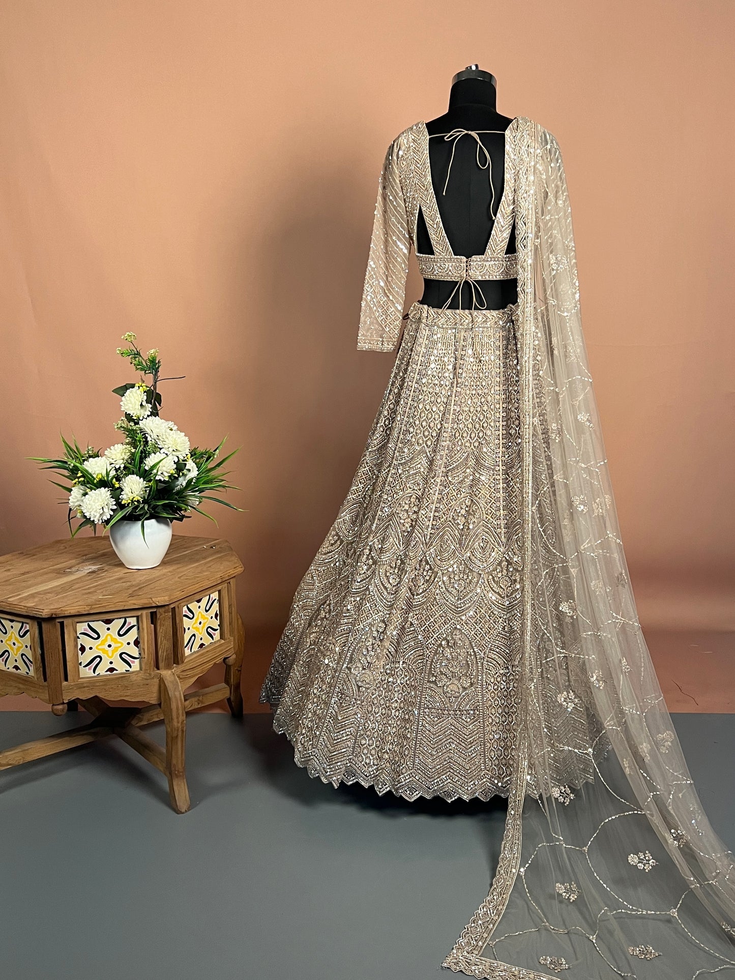Champagne Beige Diamond-Cut Mirror Work Lehenga with Thread Embroidery