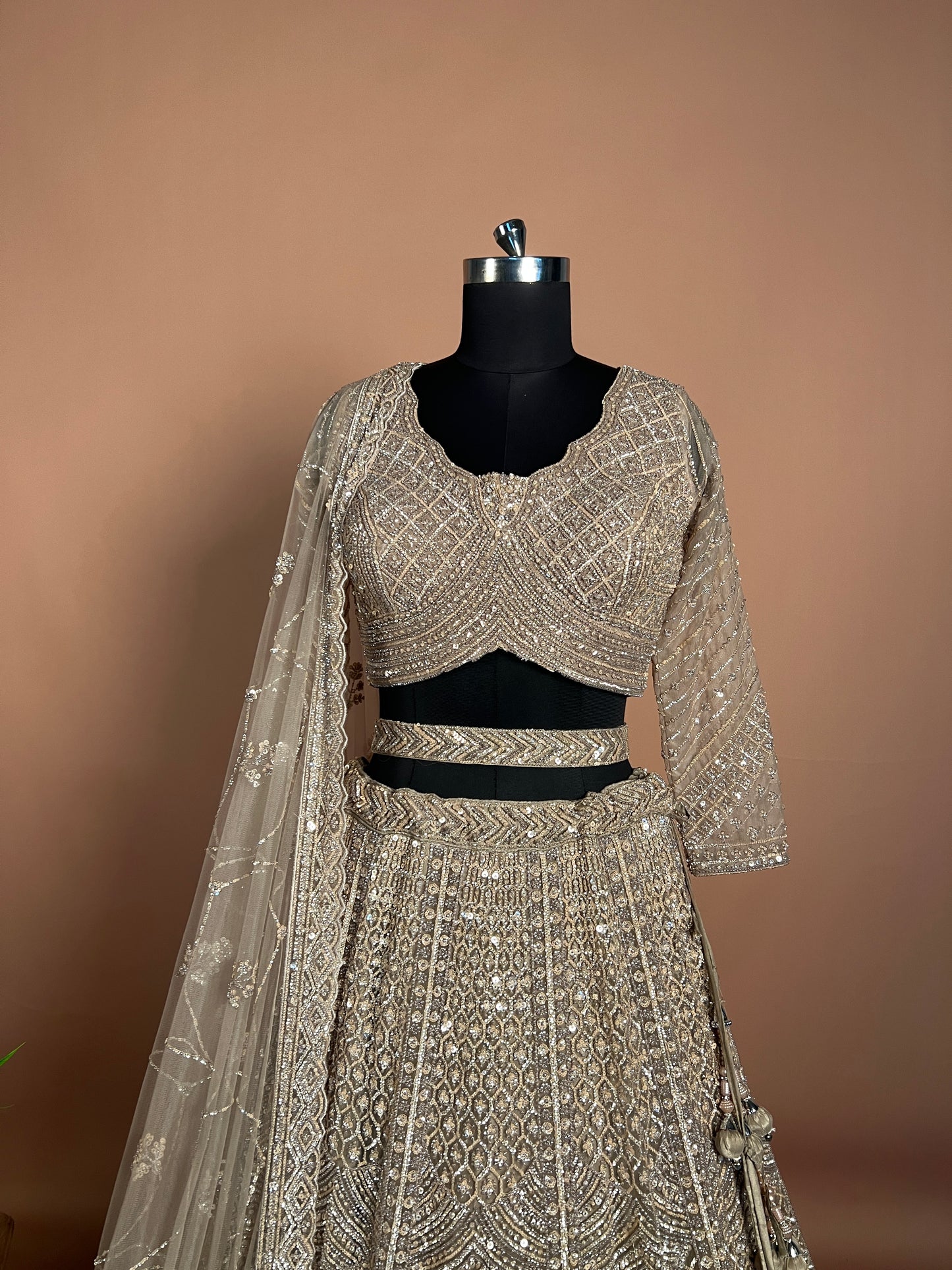 Champagne Beige Diamond-Cut Mirror Work Lehenga with Thread Embroidery