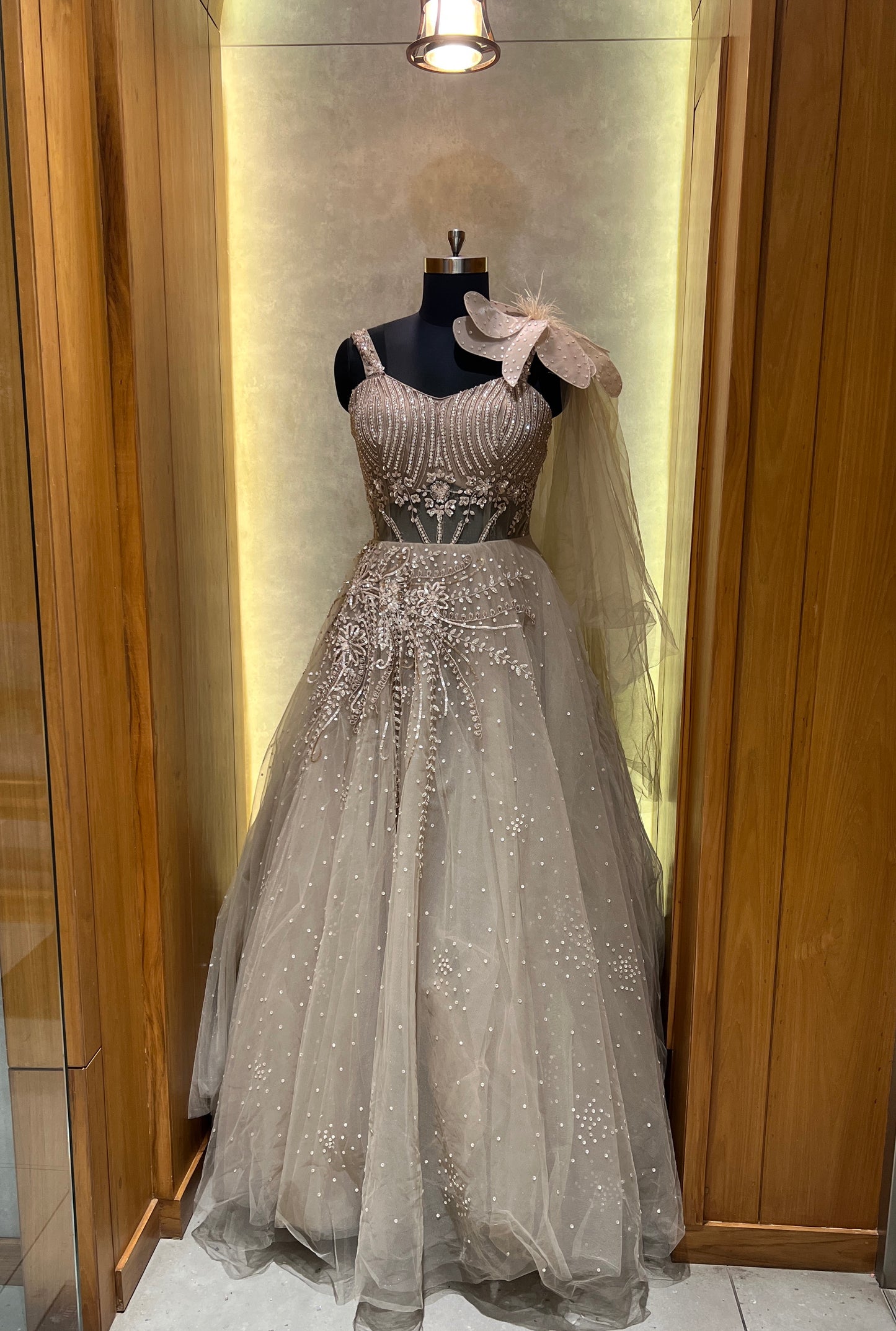 Champagne Beige Embellished Gown with Statement Shoulder Bow