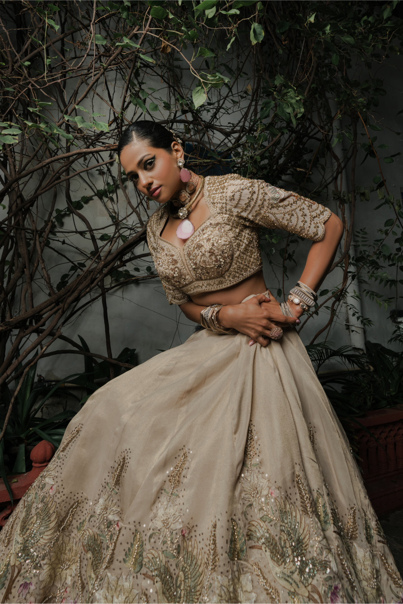 Champagne Beige Embroidered Bridal Lehenga with Pastel Floral Detailing