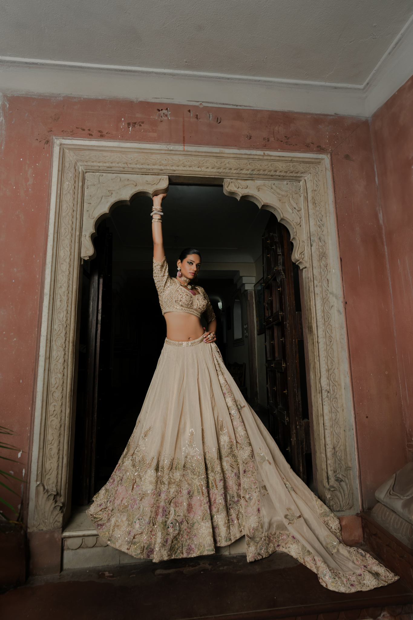Champagne Beige Embroidered Bridal Lehenga with Pastel Floral Detailing