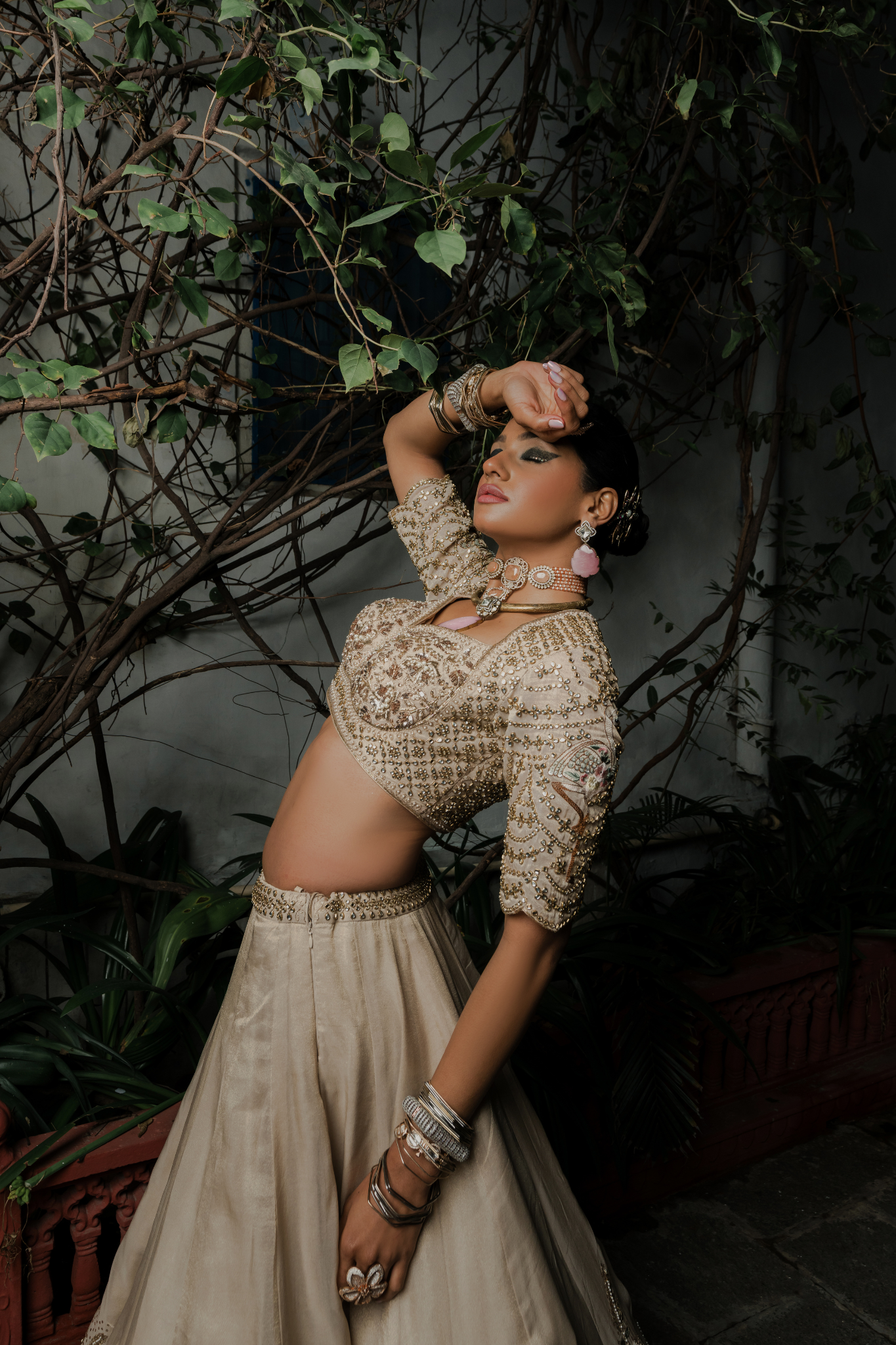 Champagne Beige Embroidered Bridal Lehenga with Pastel Floral Detailing