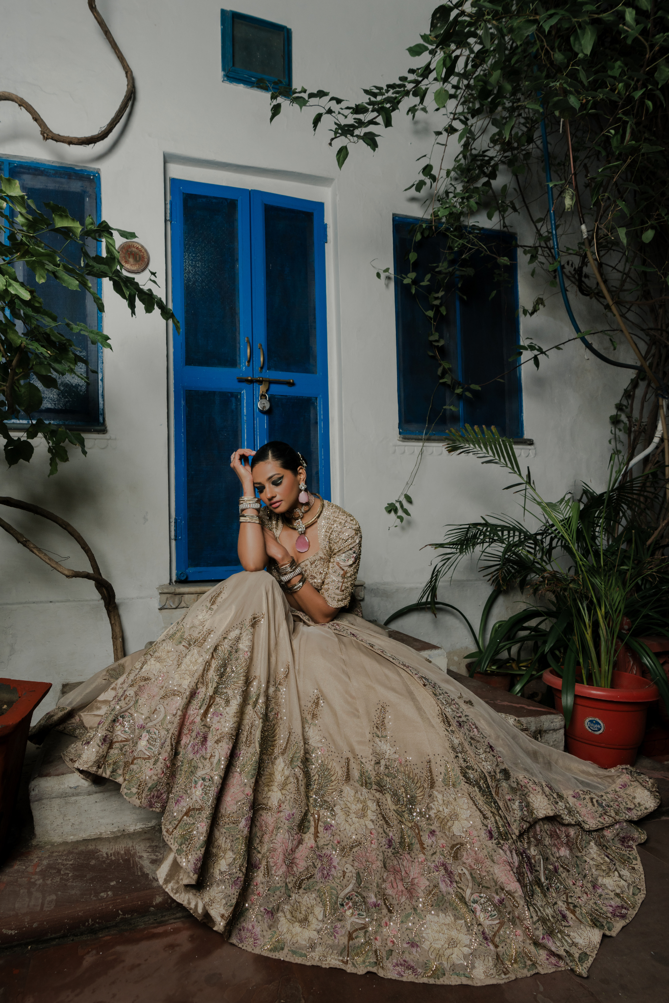 Champagne Beige Embroidered Bridal Lehenga with Pastel Floral Detailing