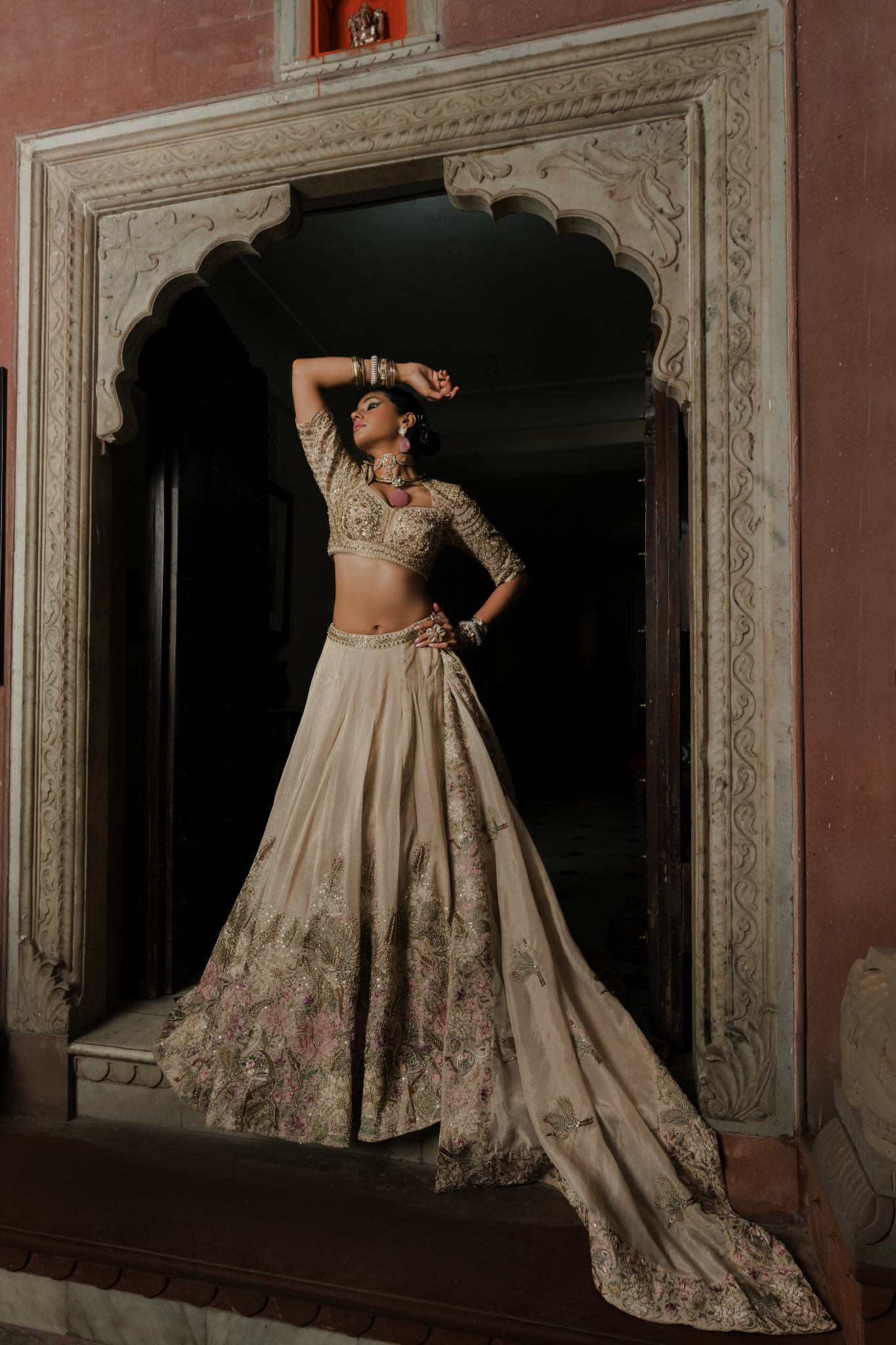 Champagne Beige Embroidered Bridal Lehenga with Pastel Floral Detailing