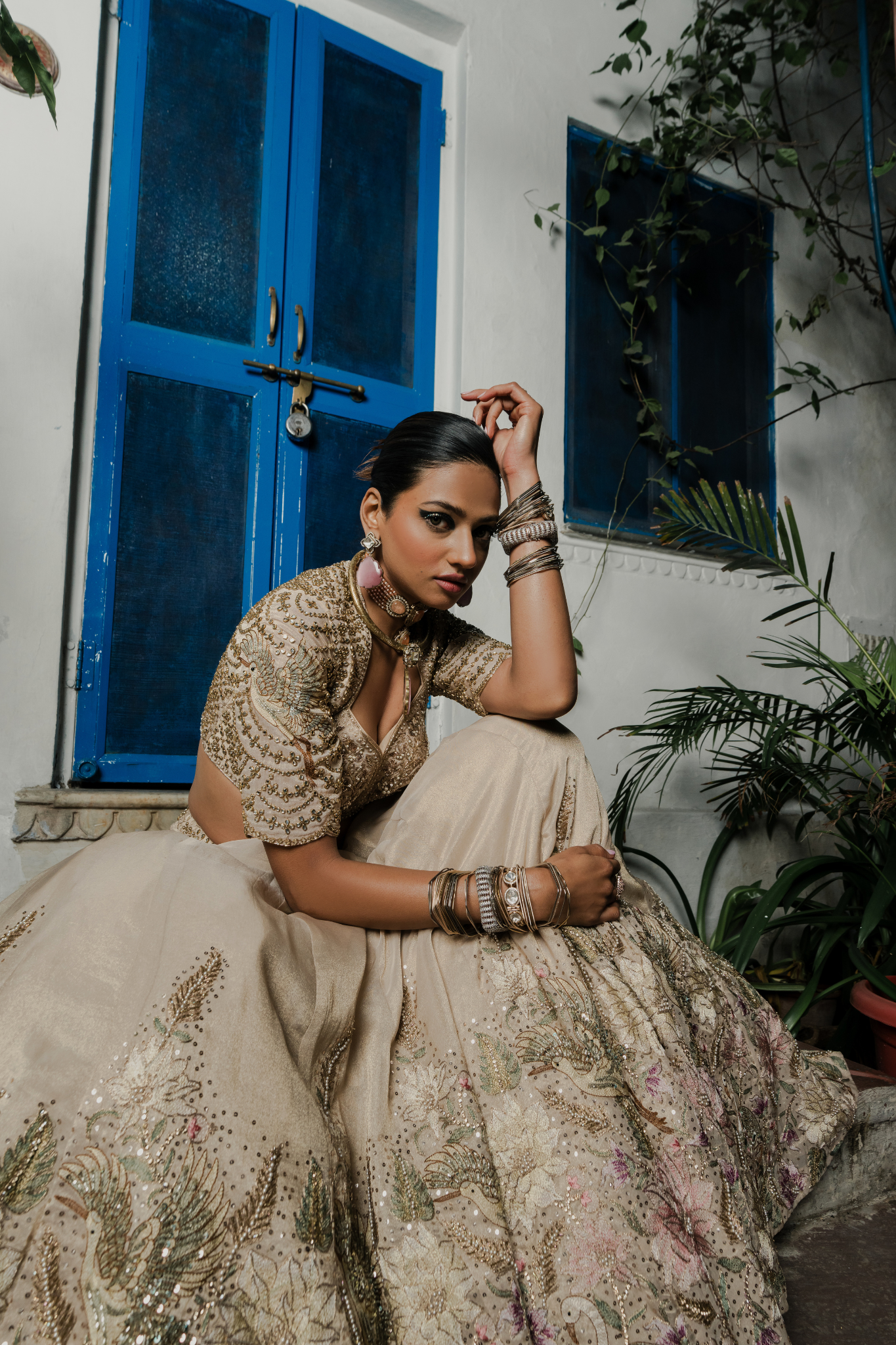 Champagne Beige Embroidered Bridal Lehenga with Pastel Floral Detailing