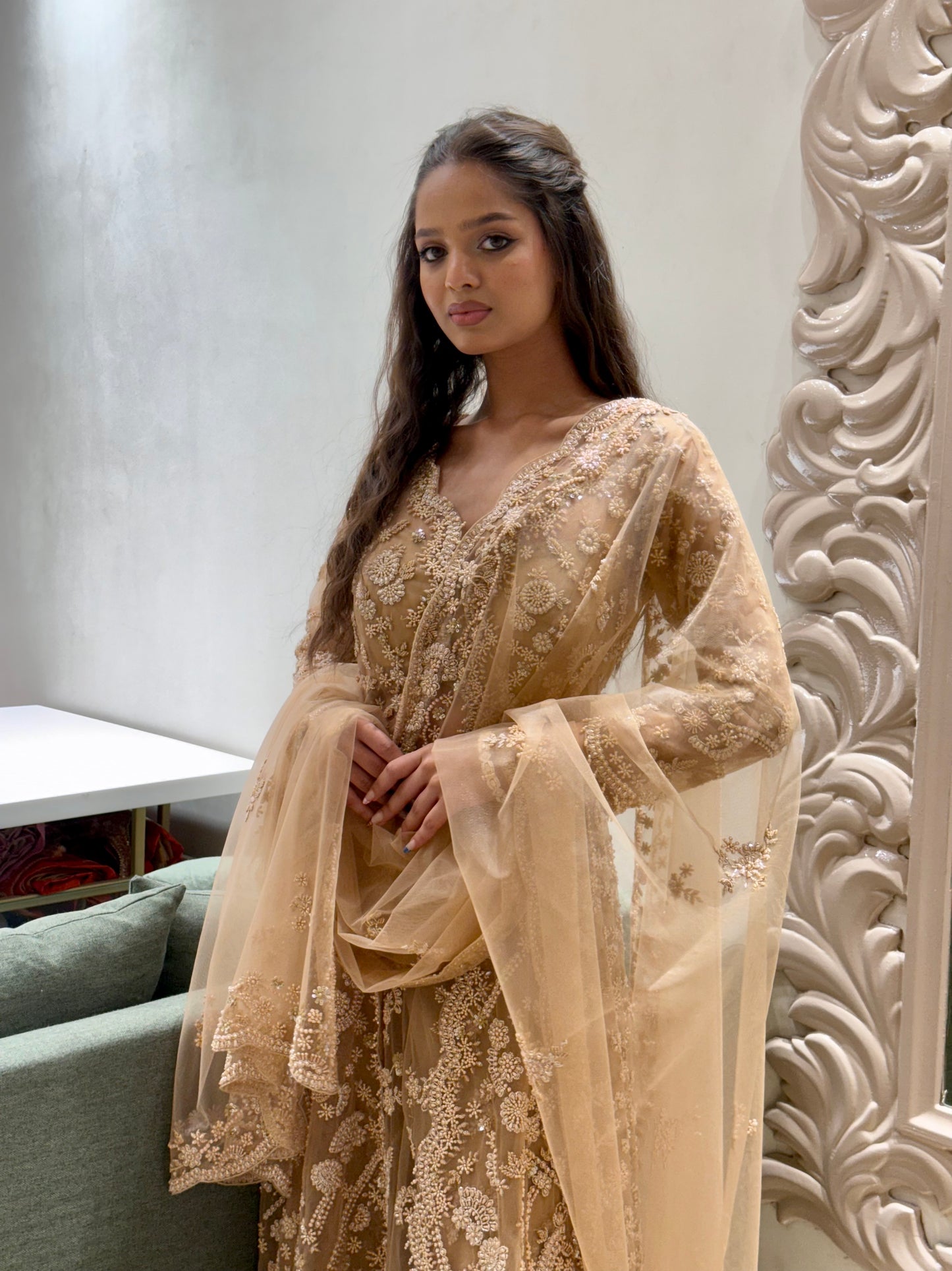 Champagne Gold Heavily Hand Embroidered Sharara Set