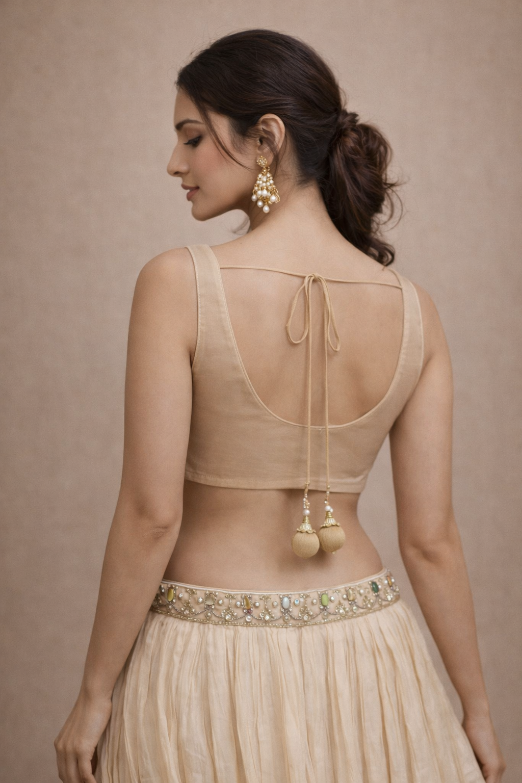 Champagne Beige Stone Work Lehenga Set with Organza Jacket