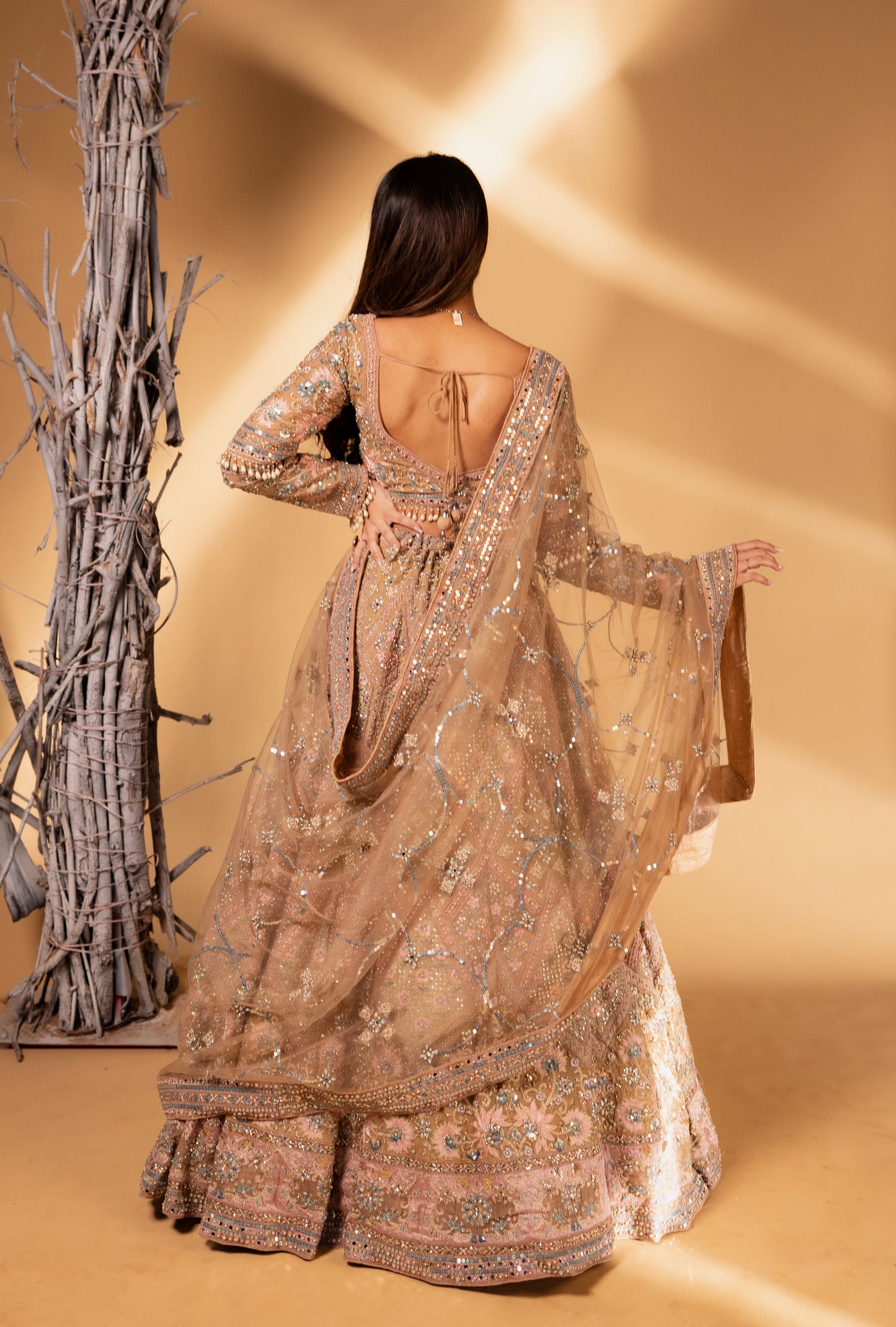 Champagne Blush Heavy Embroidered Bridal Lehenga with Sequin & Mirror Work