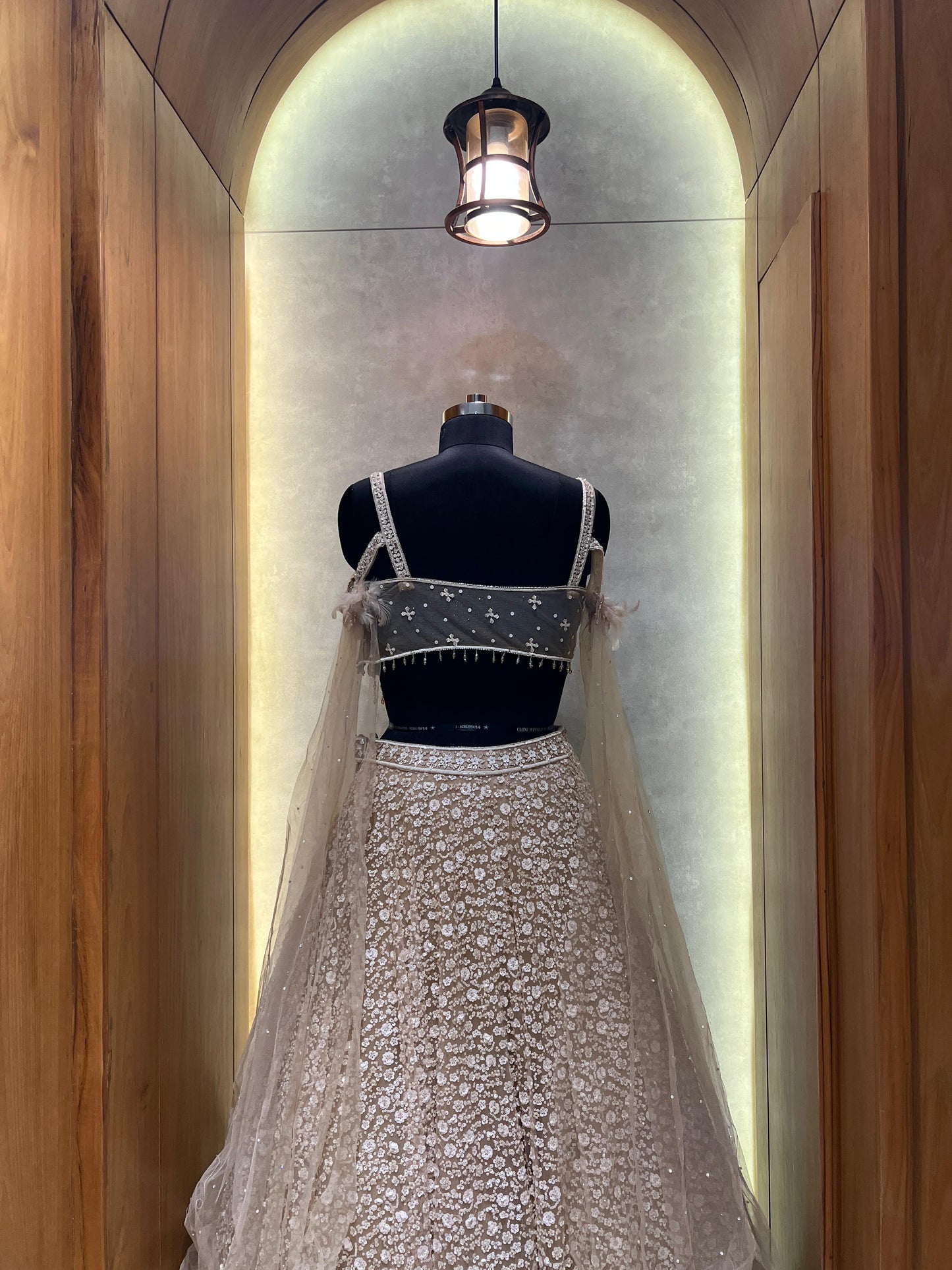 Champagne Gold Embroidered Lehenga with Beaded Blouse and Net Cape Dupatta