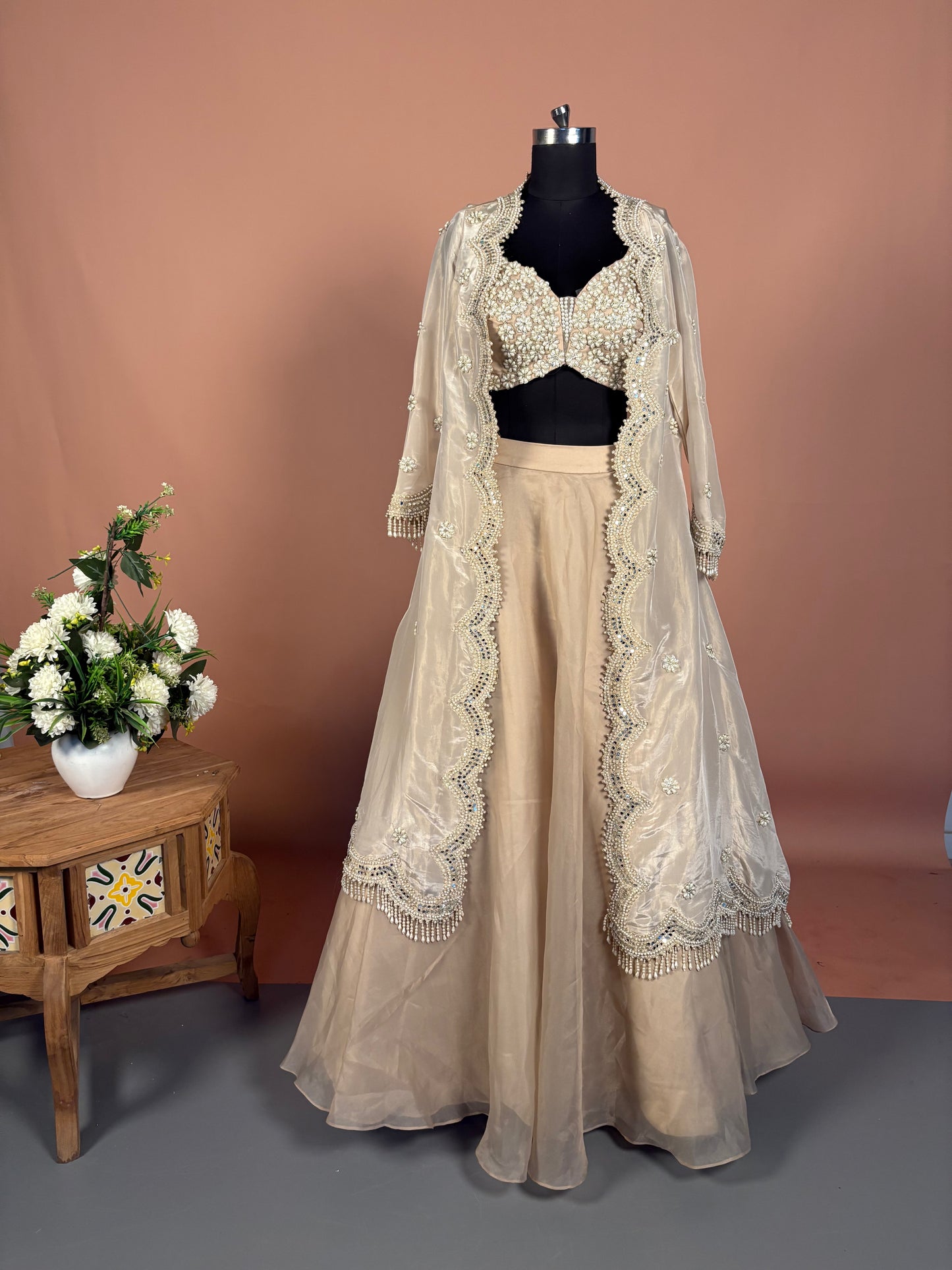 Champagne Gold Pearl Embellished Lehenga Set with Cape Jacket