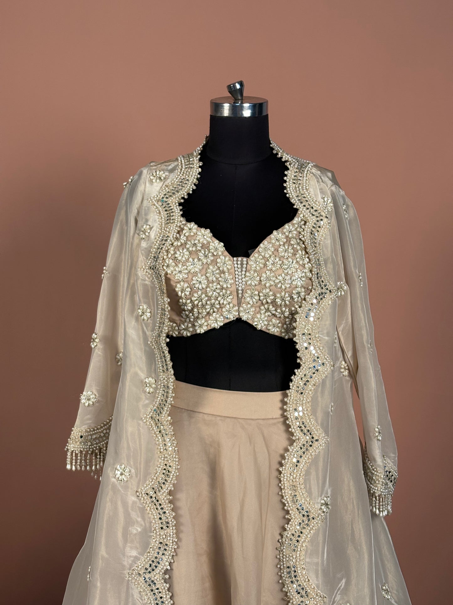 Champagne Gold Pearl Embellished Lehenga Set with Cape Jacket