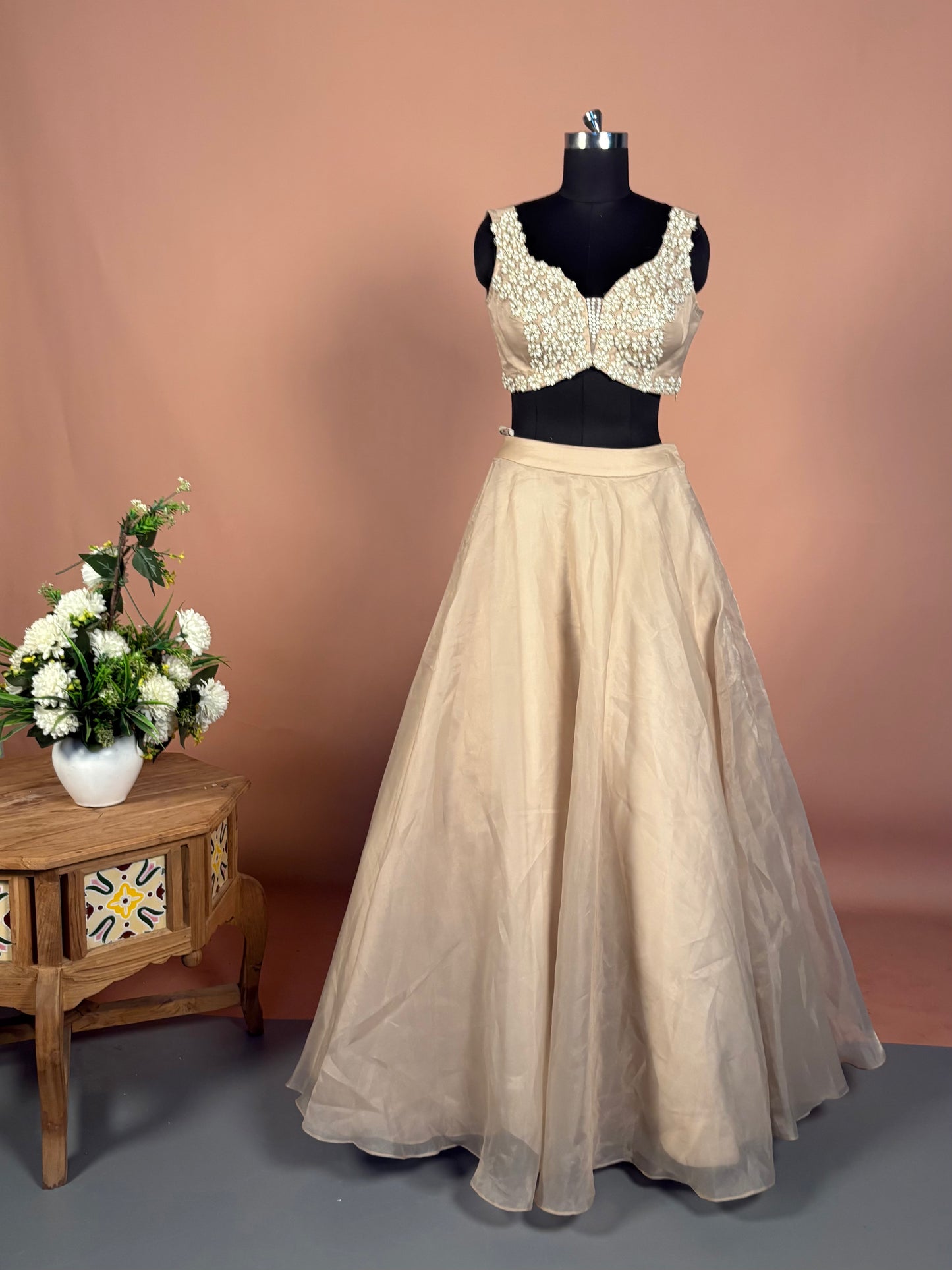 Champagne Gold Pearl Embellished Lehenga Set with Cape Jacket