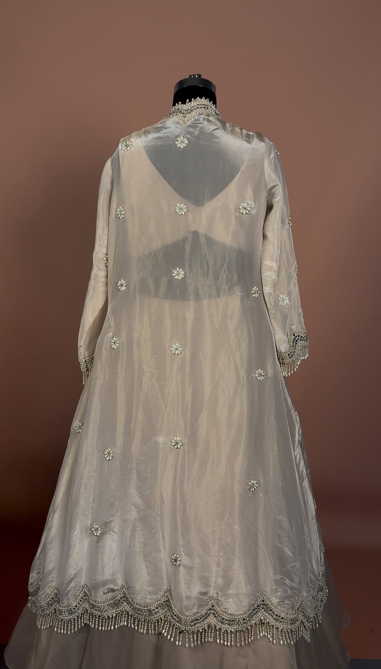 Champagne Gold Pearl Embellished Lehenga Set with Cape Jacket