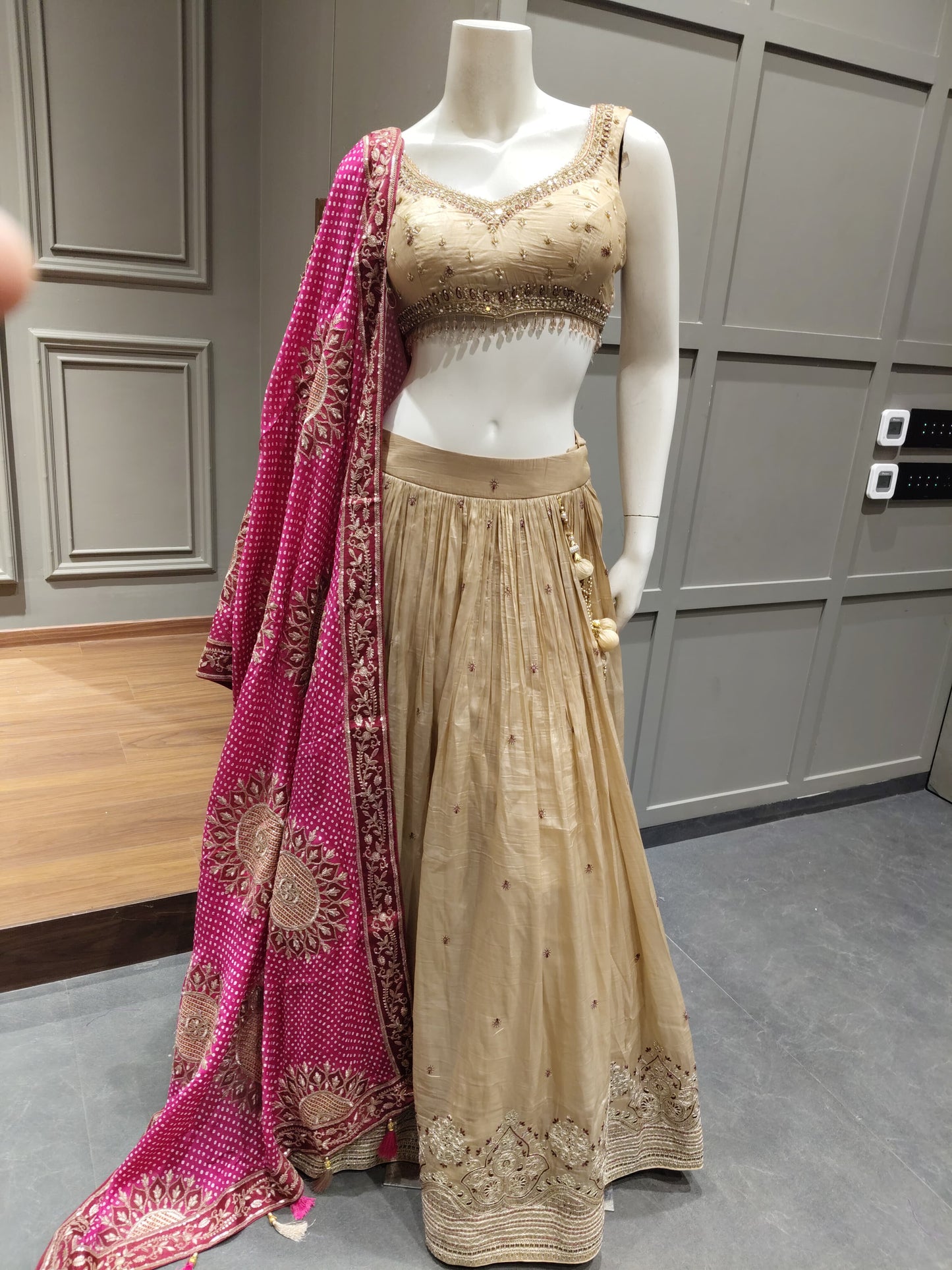 Champagne Gold and Rani Pink Embroidered Lehenga Choli with Dupatta
