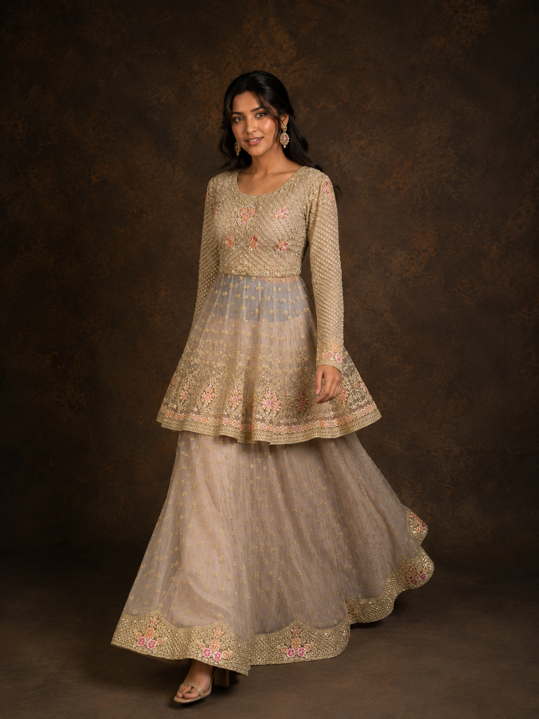 Champagne Grey Embroidered Peplum Lehenga Set