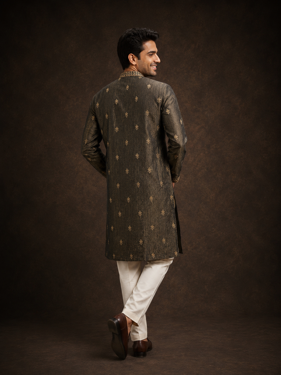 Charcoal Black Embroidered Kurta for Men with Floral Motif and Antique Gold Print
