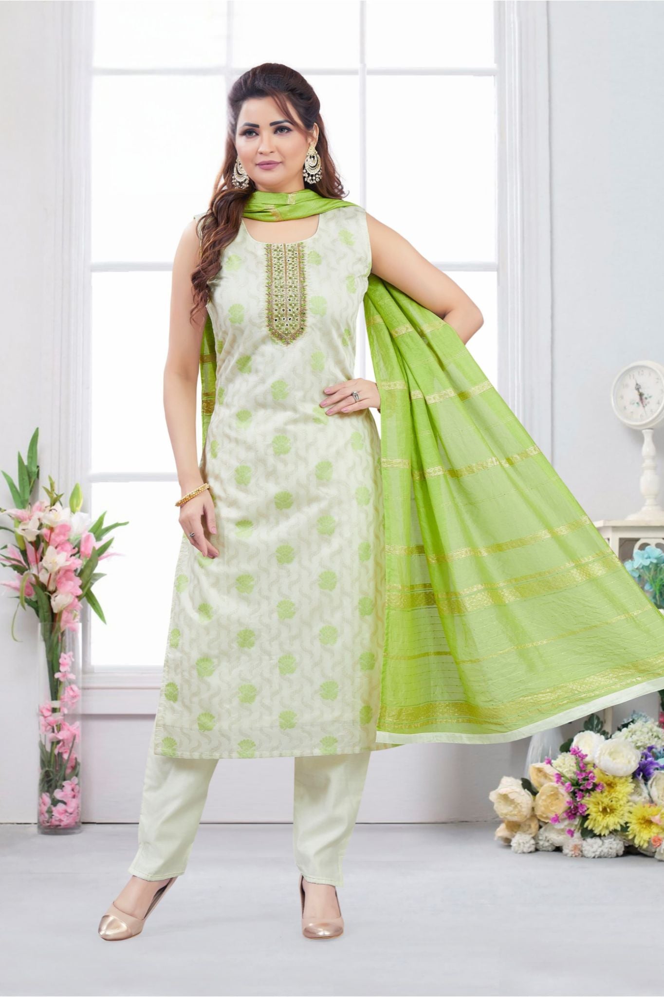 Chic Green & Cream Sleeveless Salwar Suit with Zari Embroidery and Striped Dupatta