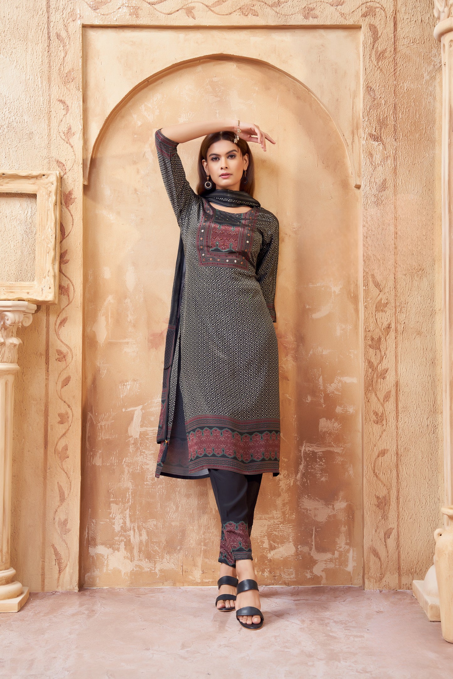 Classic Black Printed Cotton Suit with Maroon & Teal Accents