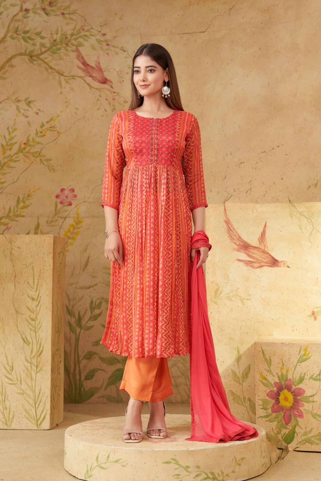 Coral Printed Kurti Set with Dupatta