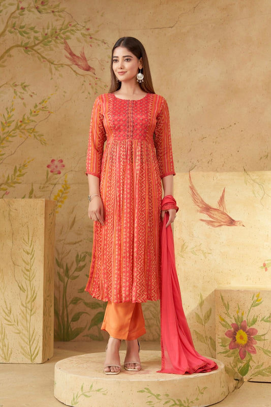 Coral Printed Kurti Set with Dupatta