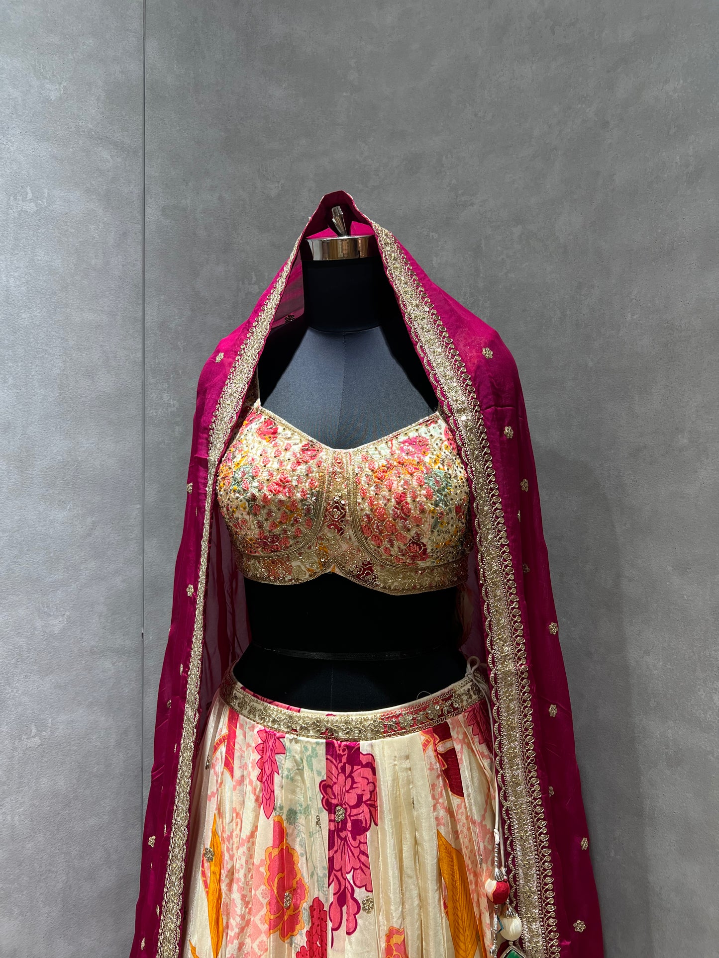 Cream Floral Lehenga with Rosy Pink Dupatta