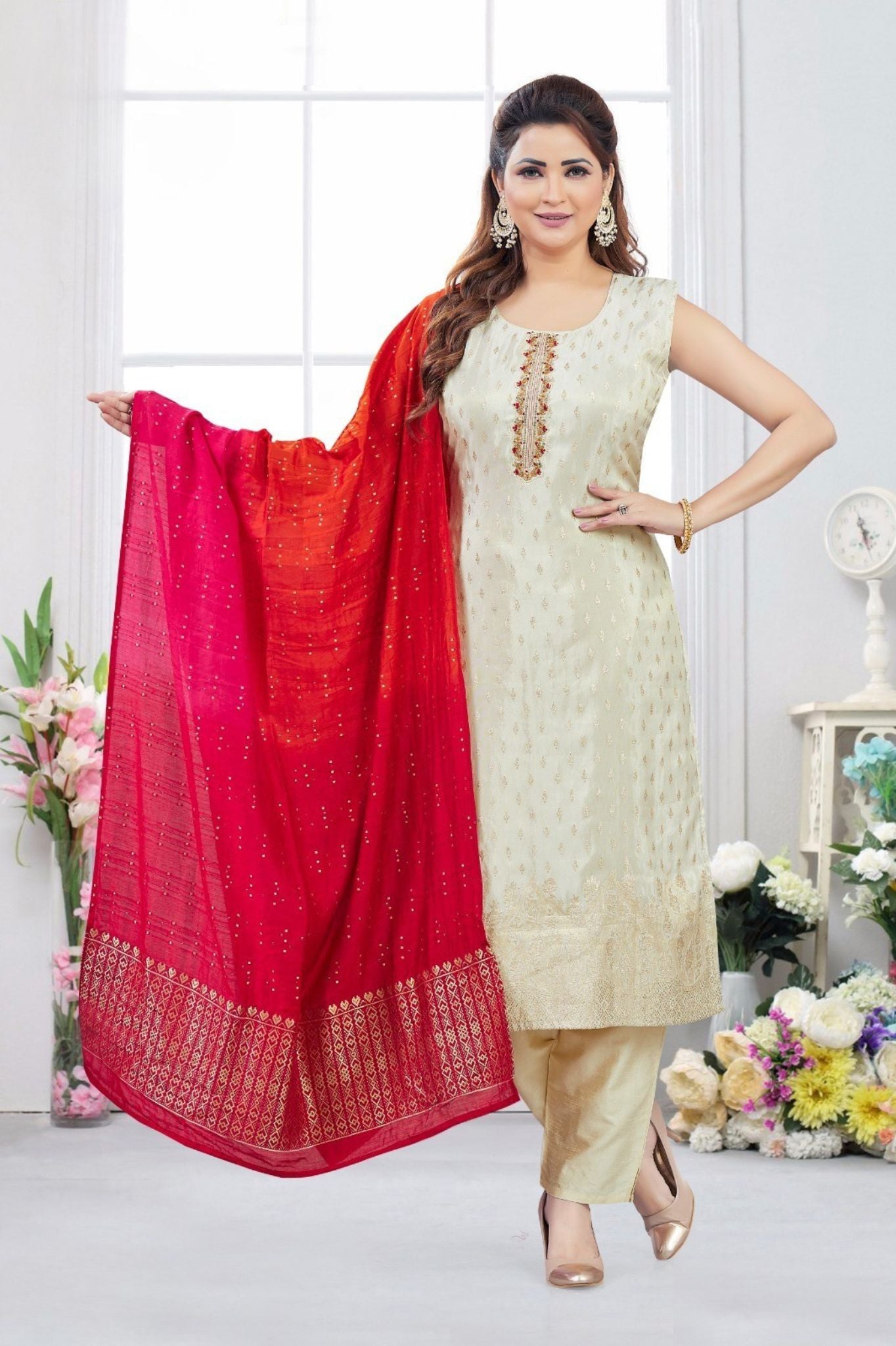 Cream Gold Silk Jacquard Salwar Suit with Red Bandhej Dupatta