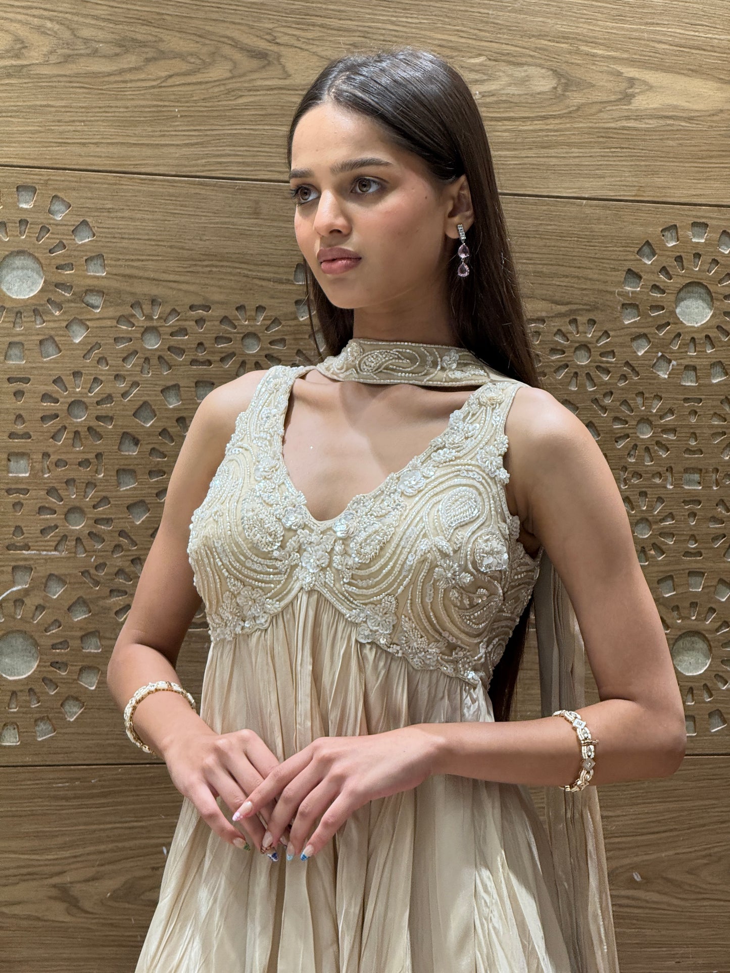 Cream Layered Indo-Western Set with Subtle Sequin and Thread Work